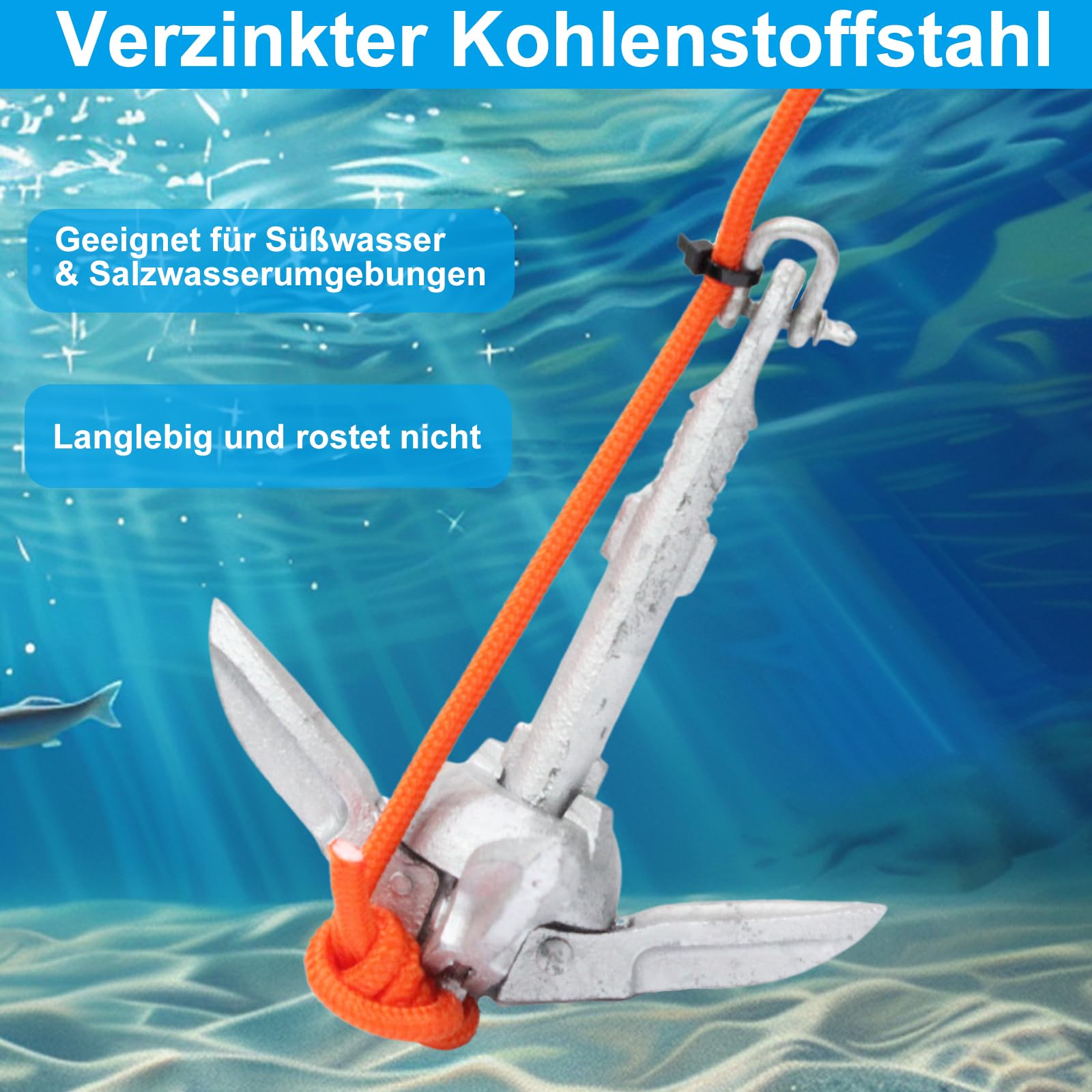 BeGrit 0,7Kg Anker Faltanker verzink Ankerset mit 10m reißfesten Ankerleine ø 6 mm & Ankerboje Kugel Set(Silber)