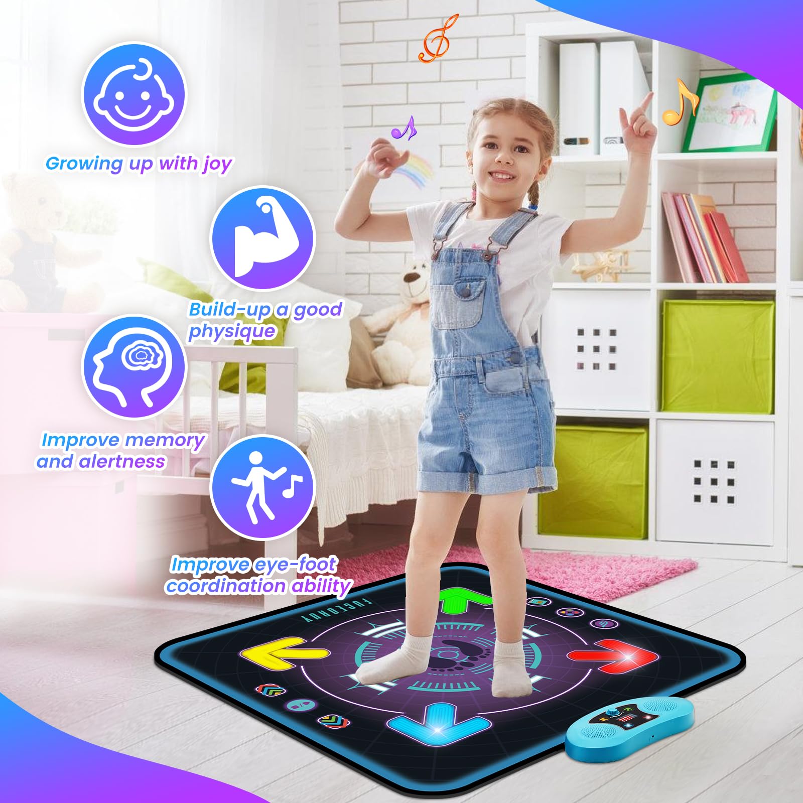 Eygood Tanzmatte mit Licht,Tanzmatte für Kinder mit 3 Spielmodi, Memory-Spielmatte mit integrierter Musik, Weihnachten Geburtstags Geschenke Spielzeuge für 4 5 6 7 8 9 10 Jahre Mädchen Jungen