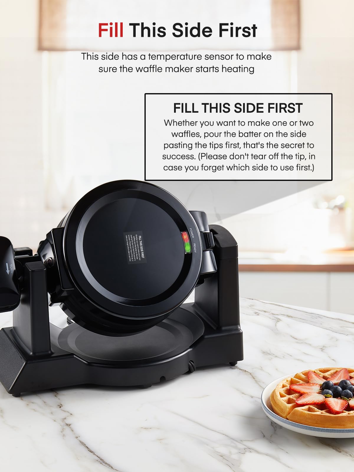 FOHERE Moule à gaufres 1400W Double moule à gaufres belges Rotation à 180°, 8 gaufres en 3 min., plaques antiadhésives, protection anti-brûlure, bac de récupération amovible Facile à nettoyer, Waffle