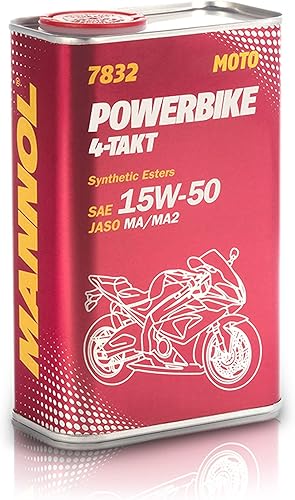 Aceite de motor 4-Takt Powerbike 15W-50 por MANNOL -7832 Aceite de motor sintético que contiene éster para motores de motocicleta de alta carga, 1