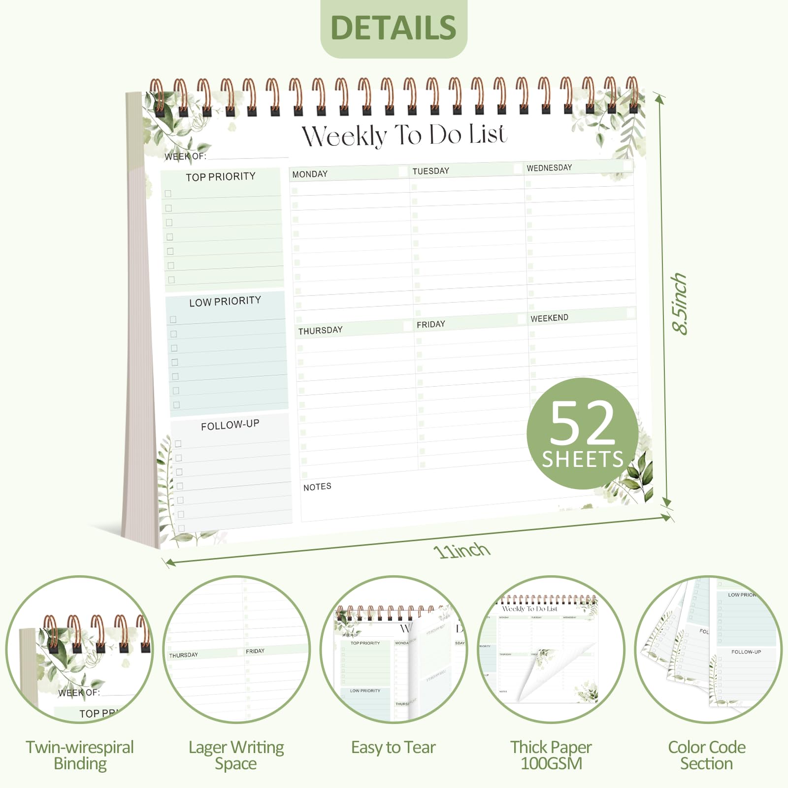 Wochenplaner mit 52 undatierten Blättern (21,6 x 27,9 cm), Schreibtisch-Wochenplaner, Notizblock für Büro-Schreibtischzubehör und Schulbedarf, Grün