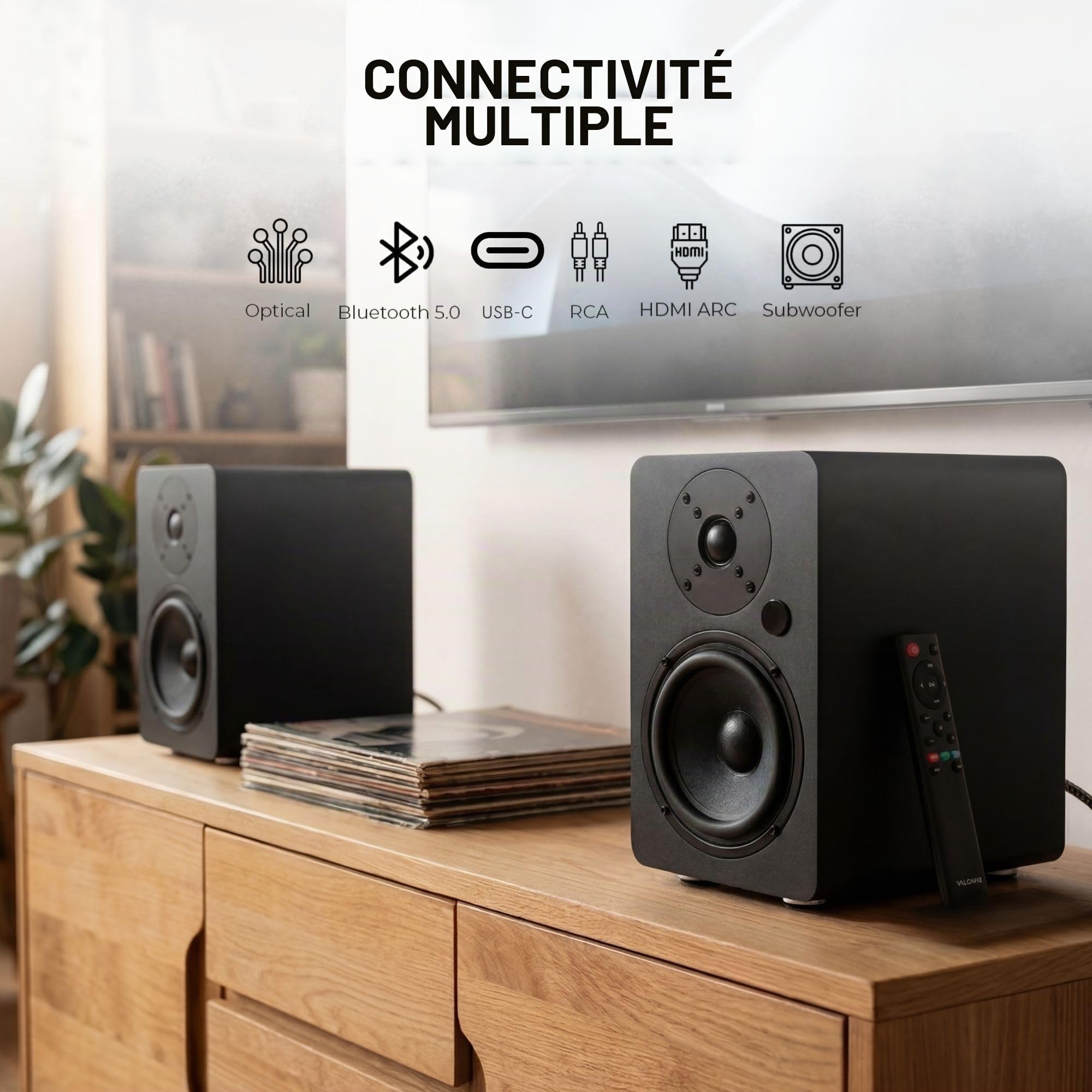 VULKKANO A5 Arc MKII Enceintes Amplifiées avec Haut-Parleur de Graves de 5,25 Pouces, Bluetooth 5.0, HDMI Arc, Sortie Optique, RCA, USB, Sortie subwoofer, Enceintes pour téléviseur, Noir.