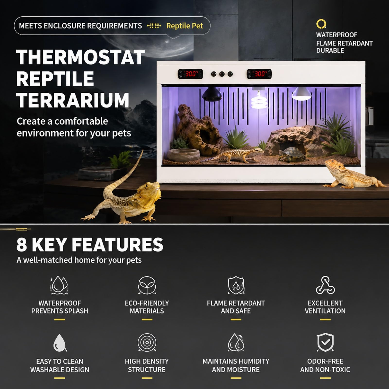 Terrarium dla gadów z podwójnym cyfrowym termostatem, ognioodporne wiwarium PVC ze szkłem hartowanym, wentylowana klatka hodowlana dla agamy brodatej, żółwi, węży, chomika, jeża(120 * 60 * 60)