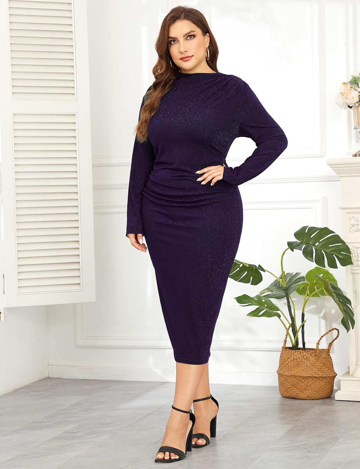 ZOMVA 2024 Women's Plus Size 1X-4X Sparkly Glitter Ruched Bodycon Midi Dress Mock Neck Long Sleeve Sparkle Sequin Sexy Dress Cocktail Party Formal, Purple, 1X