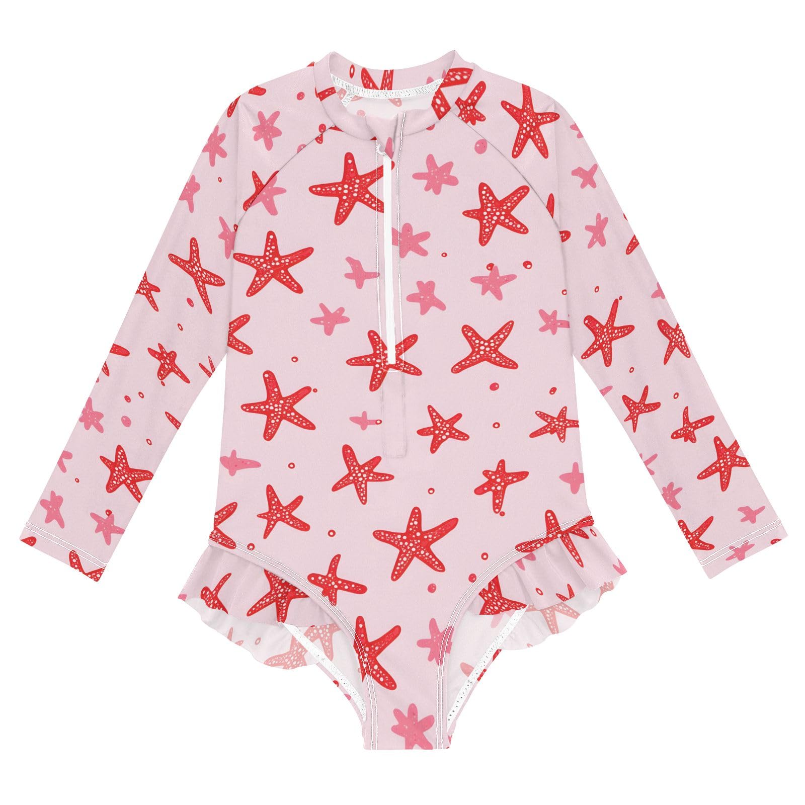 ALAZA Swimsuit for Girls Long Sleeve Rashguard Bathing Suit Red Starfish Quick Dry 4T