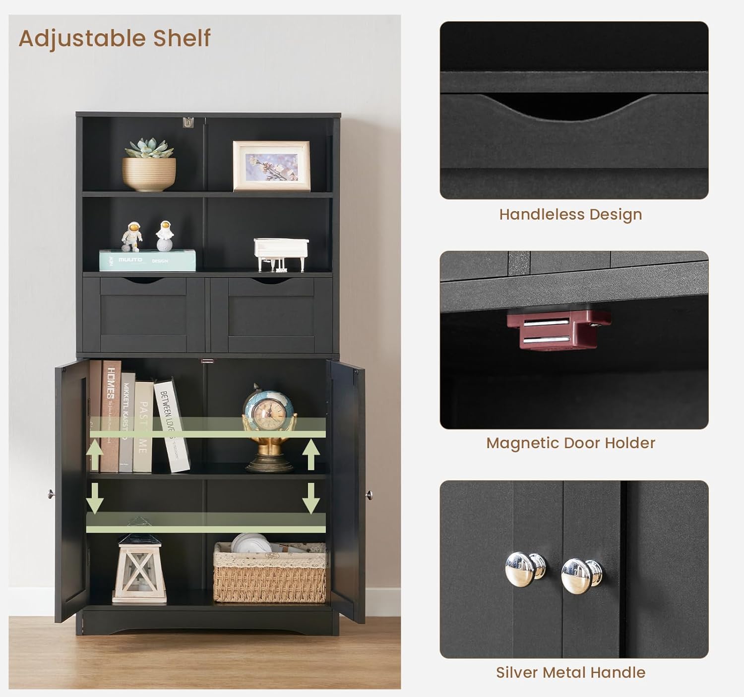 Close-up images of the Iwell Tall Bathroom Storage Cabinet's design elements: handleless drawer design, magnetic door holder, and silver metal handles.