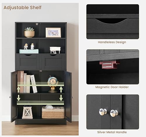 Miniatura 6 de Iwell Armario alto de baño, armario de almacenamiento con 2 cajones y estantes ajustables, armario de piso de baño para sala de estar, dormitorio,