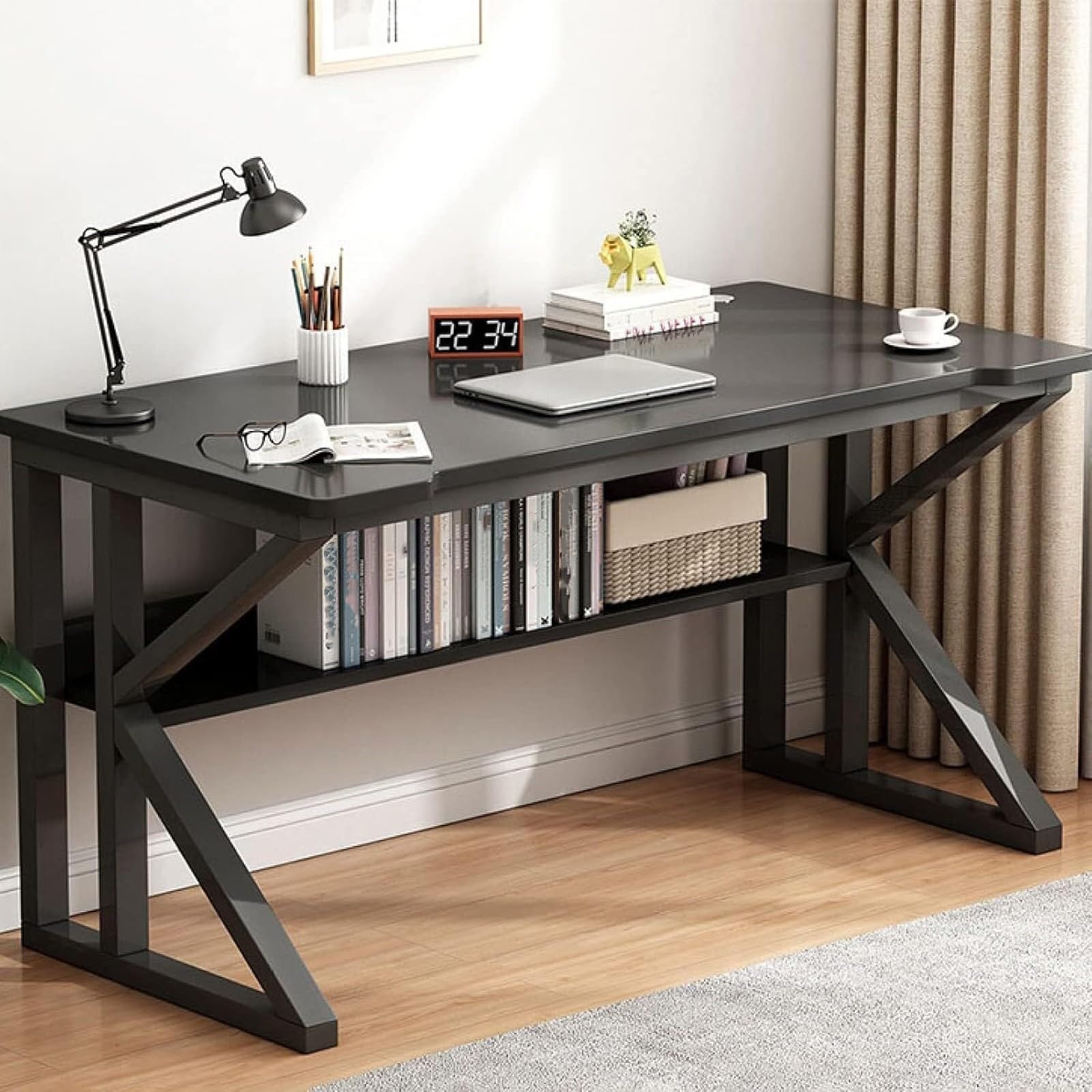 SXZenSpace Executive Desk with Bookshelf, Computer Desk, Home Office Metal Frame Workstation, Study Suitable for Home, B,80CM