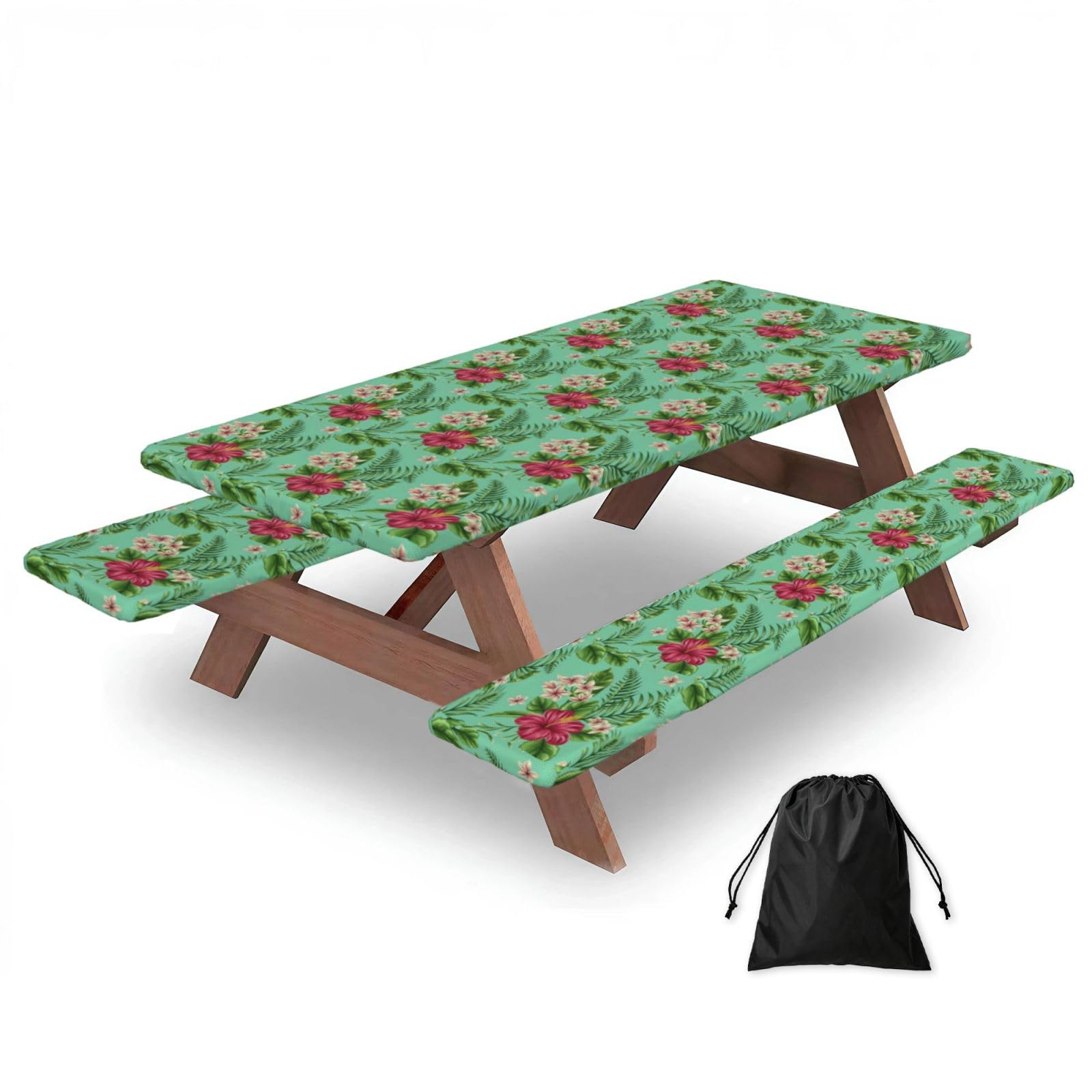 PPHGUT Hawaiian Tropical Leaves Flowers Print Picnic Table Bench Cover Set Outdoor Garden Bbq Protector For Family Camping