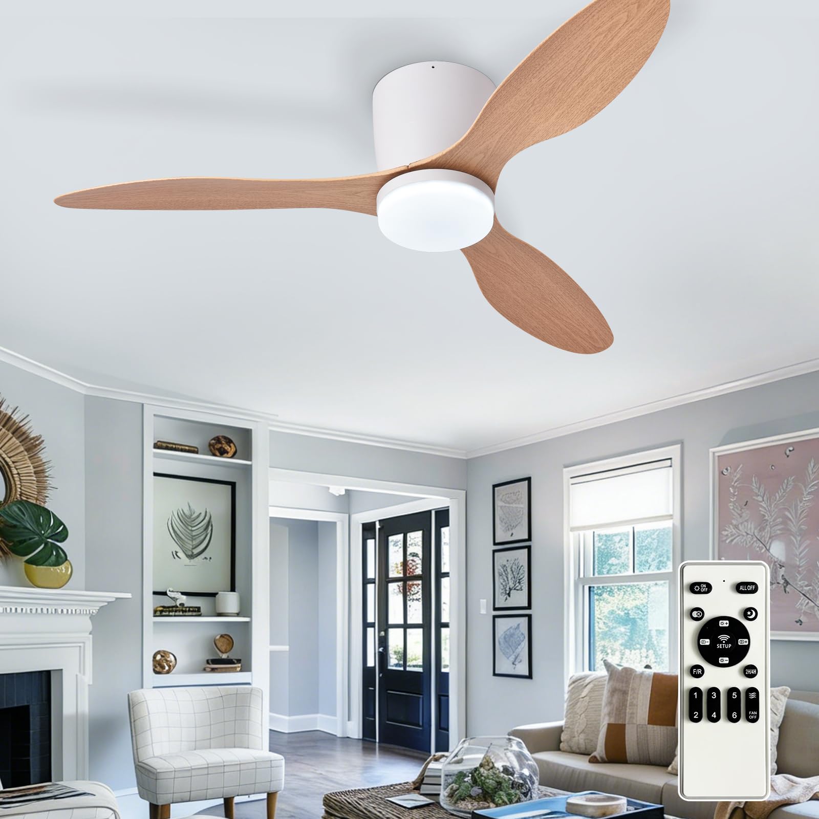 Depuley Flush Mount Ceiling Fan: 42-Inch White Ceiling Fans with Lights for Indoor Outdoor - Low Profile Ceiling Fans with Remote Control 24W 3CCT Dimmable 3 Reversible Wood Blades 6 Speeds