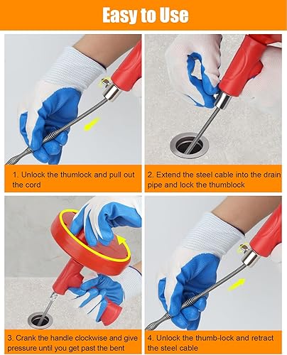 Miniatura 3 de Vastar Kit de herramientas para eliminar obstrucciones de drenaje, 25 pies. Barrena de drenaje de serpiente de fontanería con guantebolsa de