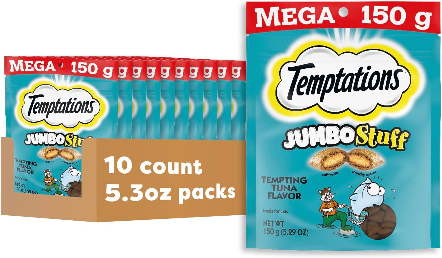 Temptations Jumbo Stuffed Cat Treats, Crunchy and Soft Cat Treats, Tempting Tuna Flavor, 5.3 oz. Pouch (Pack of 10)
