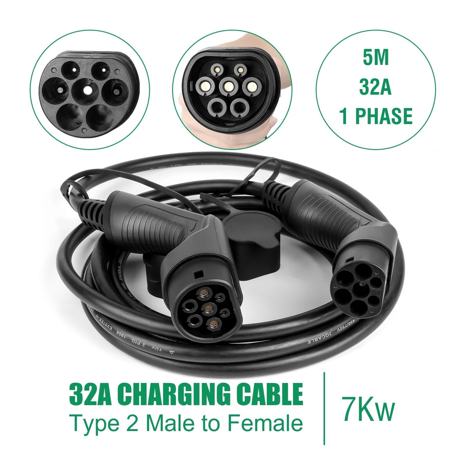 Amazon | タイプ2 電気自動車 EV 充電ケーブル 1相 32A メス-オス 5M