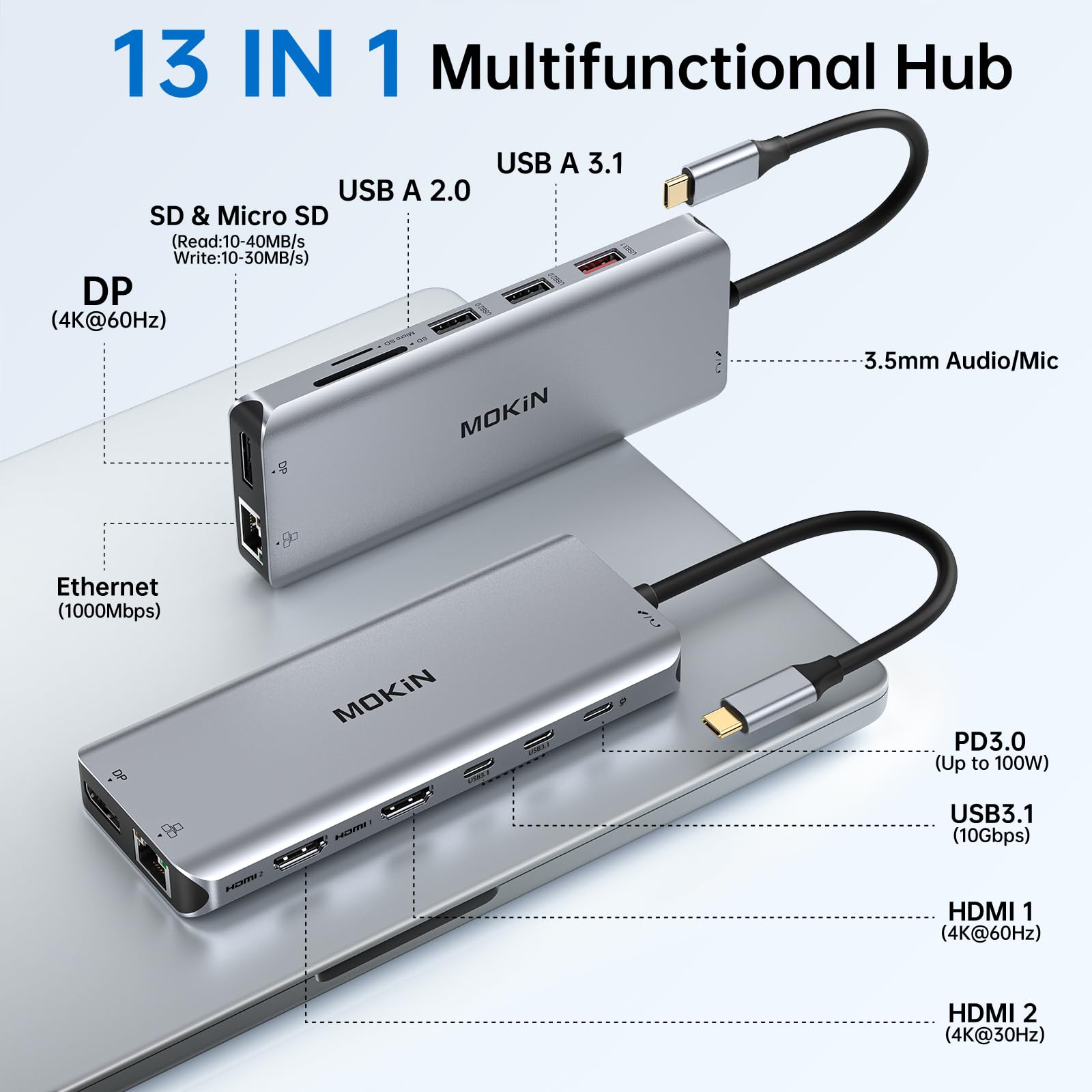 Stacja dokująca USB C, 3 monitory, koncentrator USB C, laptop, podwójny monitor, wieloportowy adapter dokujący, USB C na 2 HDMI, DisplayPort, ładowanie PD, Ethernet, 5 portów USB C/A, MicroSD/SD