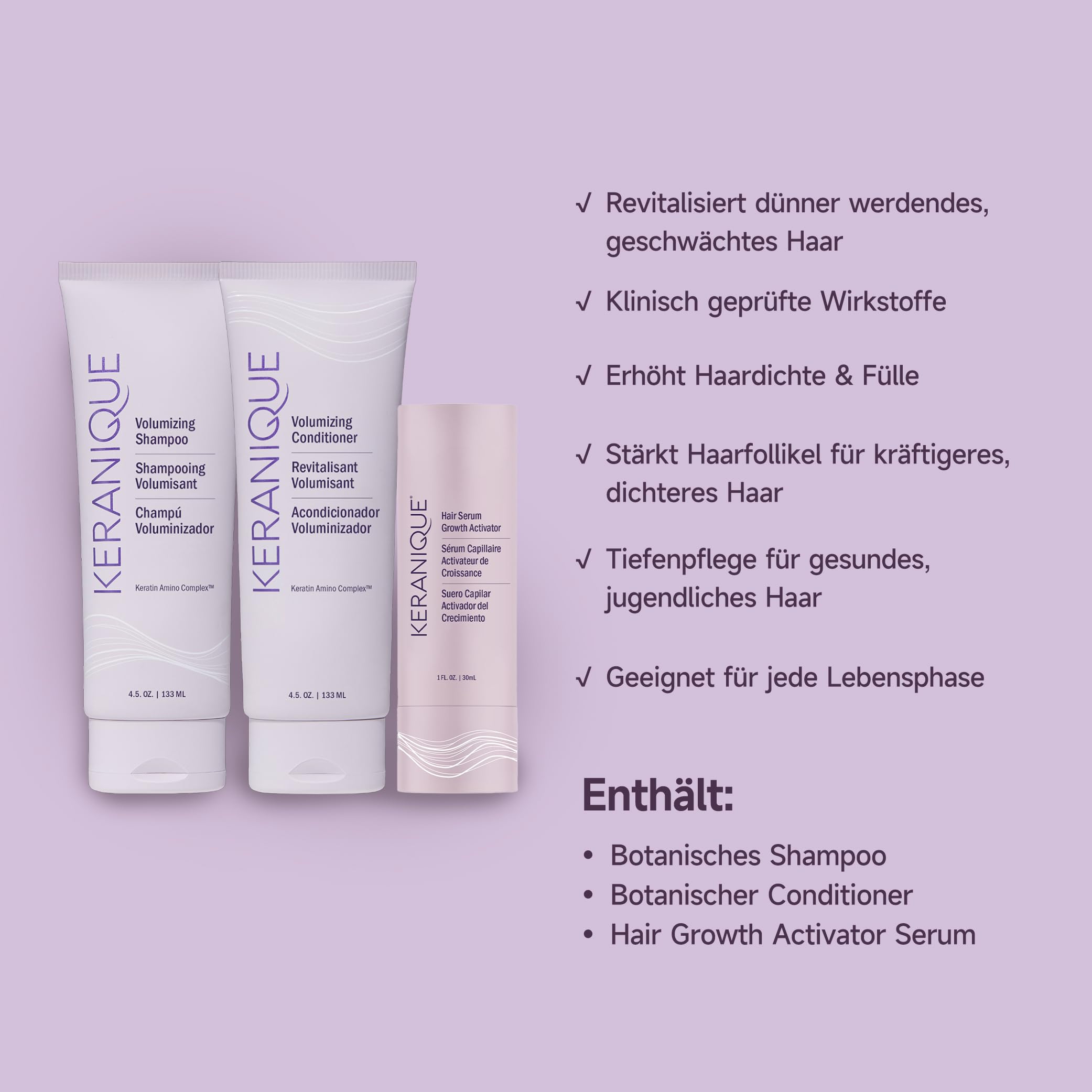 Keranique The Keranique's Botanical Hair Growth System (Revitalize Thinning Hair) Volumizing Shampoo & Conditioner 135mlx2, Hair Serum Growth Activator 30ml