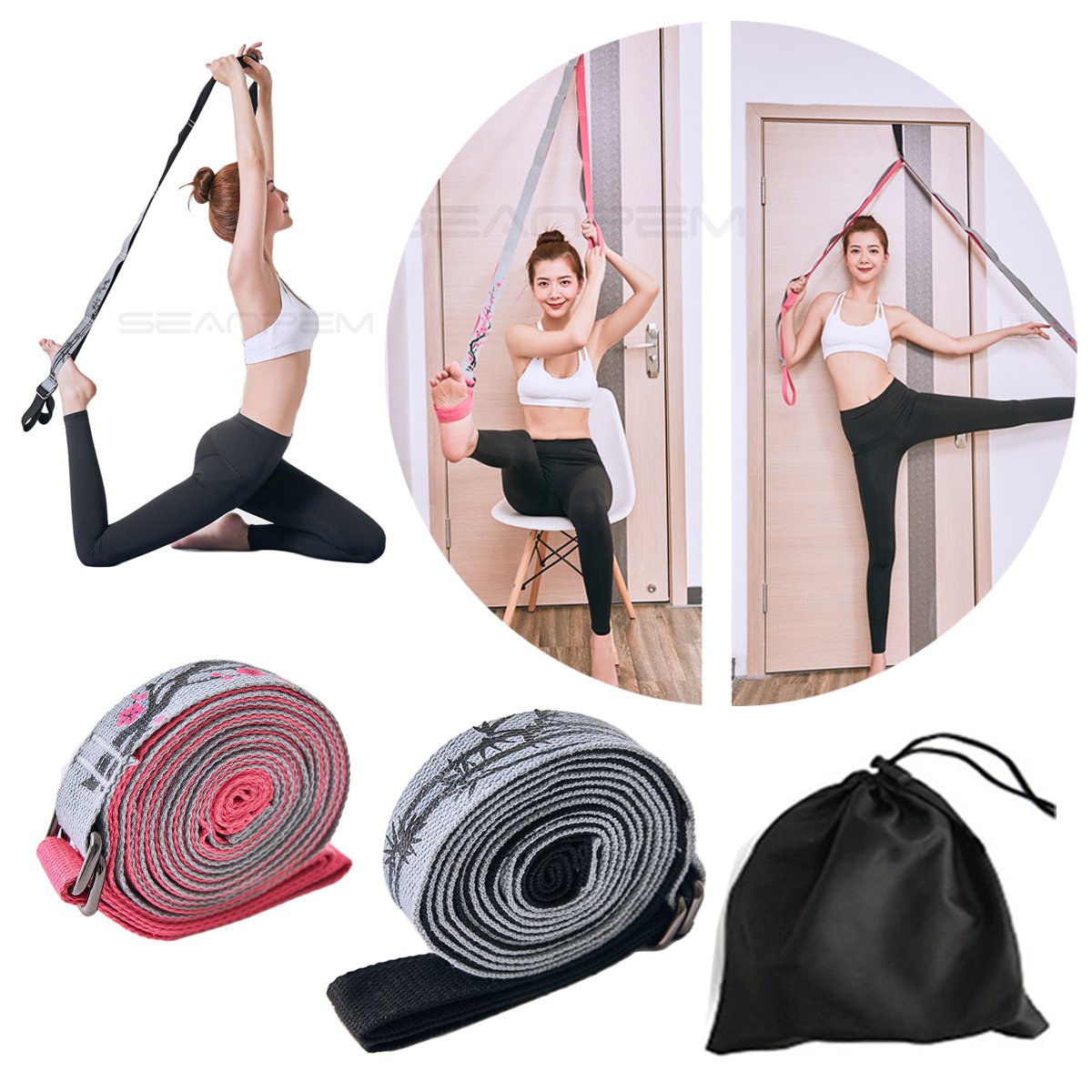 Door Flexibility & Yoga Stretching Leg Strap, 11 Loops Hamstring Stretcher Belt Resistance Exercise Band, Foot Back Stretch Assist Great for Ballet Cheer Dance Gym Pilates Physical Therapy