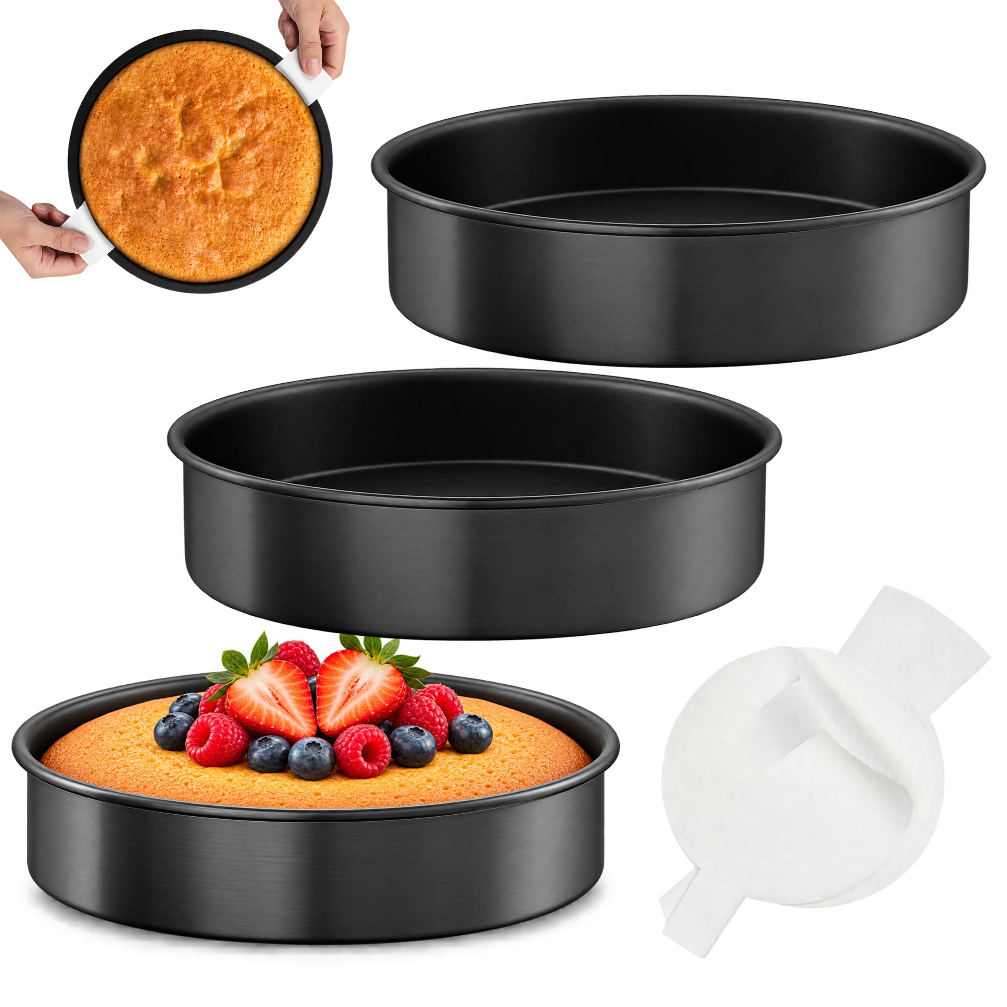 Juego de 3 moldes redondos para tartas para hornear, antiadherentes de 8 pulgadas, con papel de pergamino