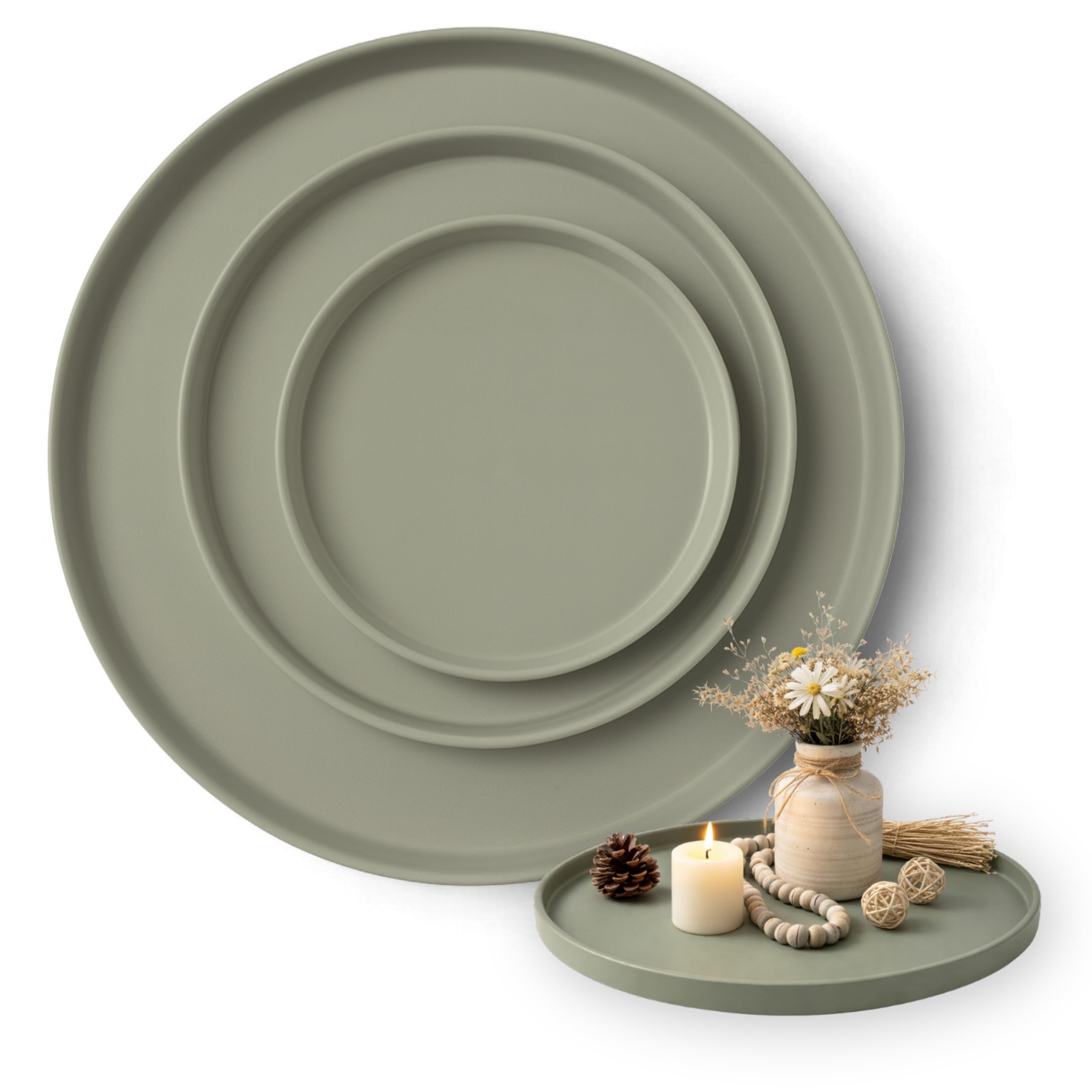 Juego de 3 bandejas decorativas redondas (25 cm, 30 cm, 40 cm), bandeja decorativa para corona de Adviento, bandeja para velas y decoración durante todo el año, elegante bandeja redonda verde