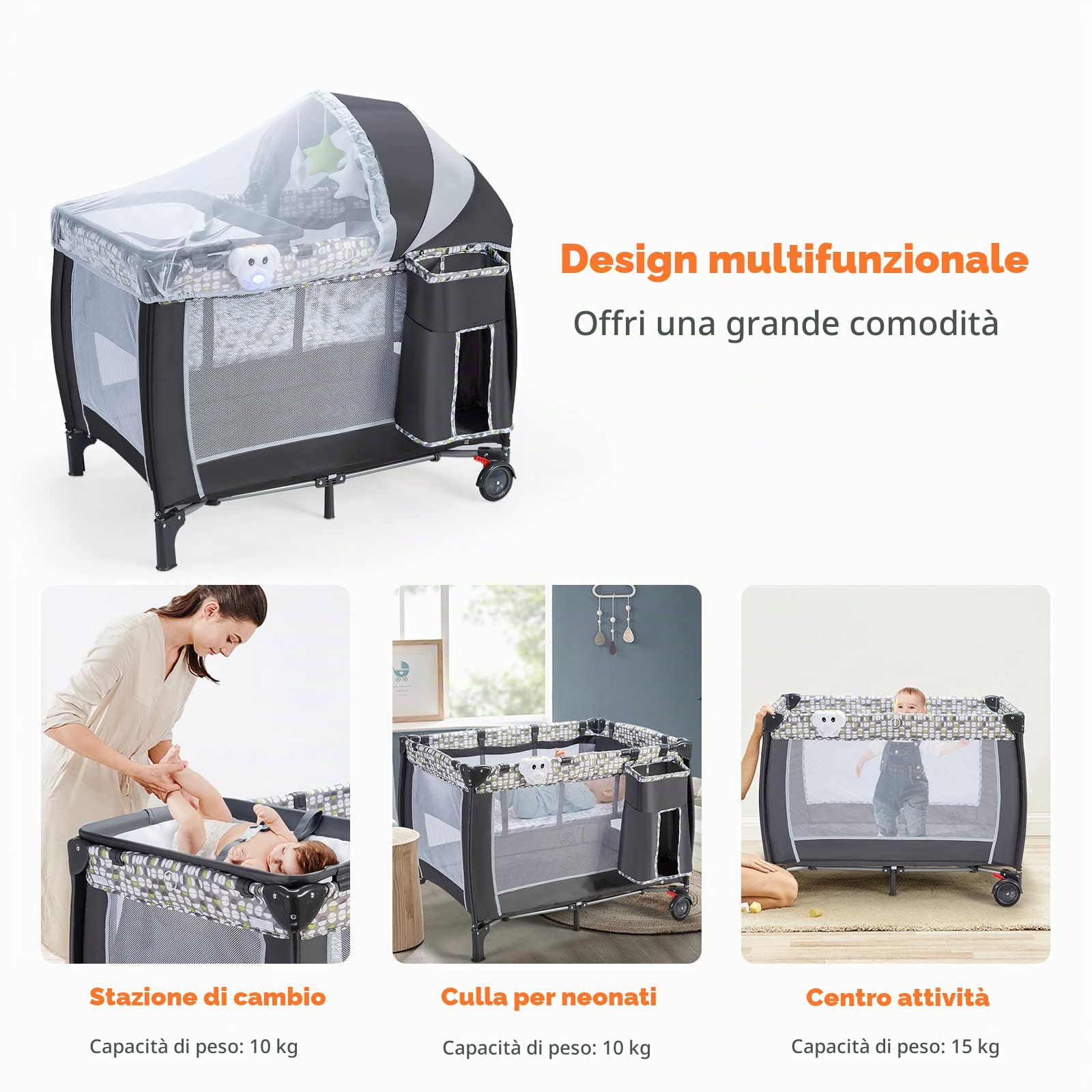 LIFEZEAL Lettino da Viaggio con Materasso e Zanzariera, Lettino da Viaggio con Fasciatoio, Culla 0-36 Mesi, Culla Pieghevole in Tessuto Oxford, Portata 15+10+10 KG, Nero
