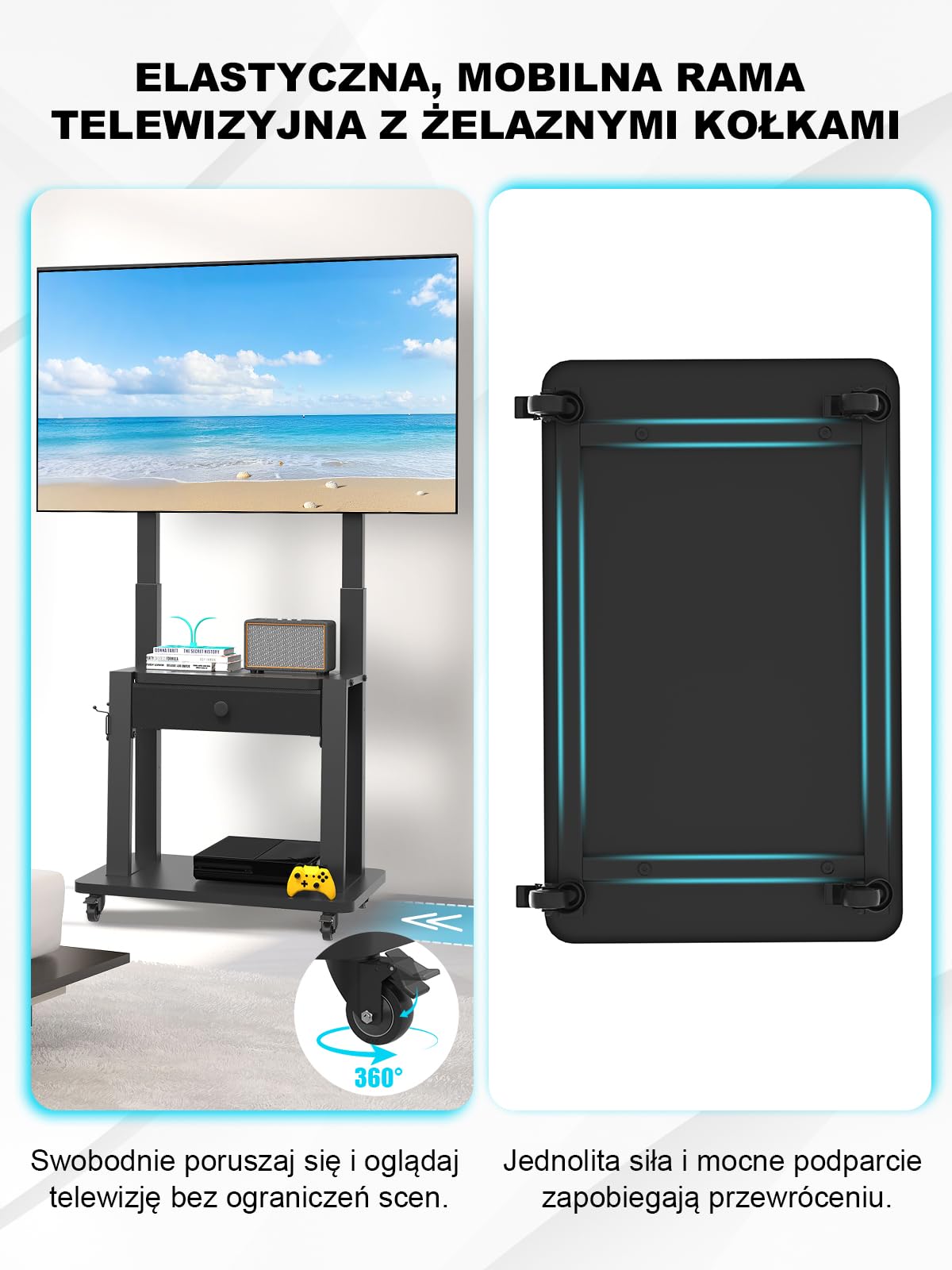 Stojak na telewizor z szufladą z tkaniny, na płaski/zakrzywiony ekran 32"-75" do 100kg LCD/LED/OLED, regulowana wysokość, mobilny wózek na TV z kółkami, do domu, biura, na zewnątrz, maks. czarny