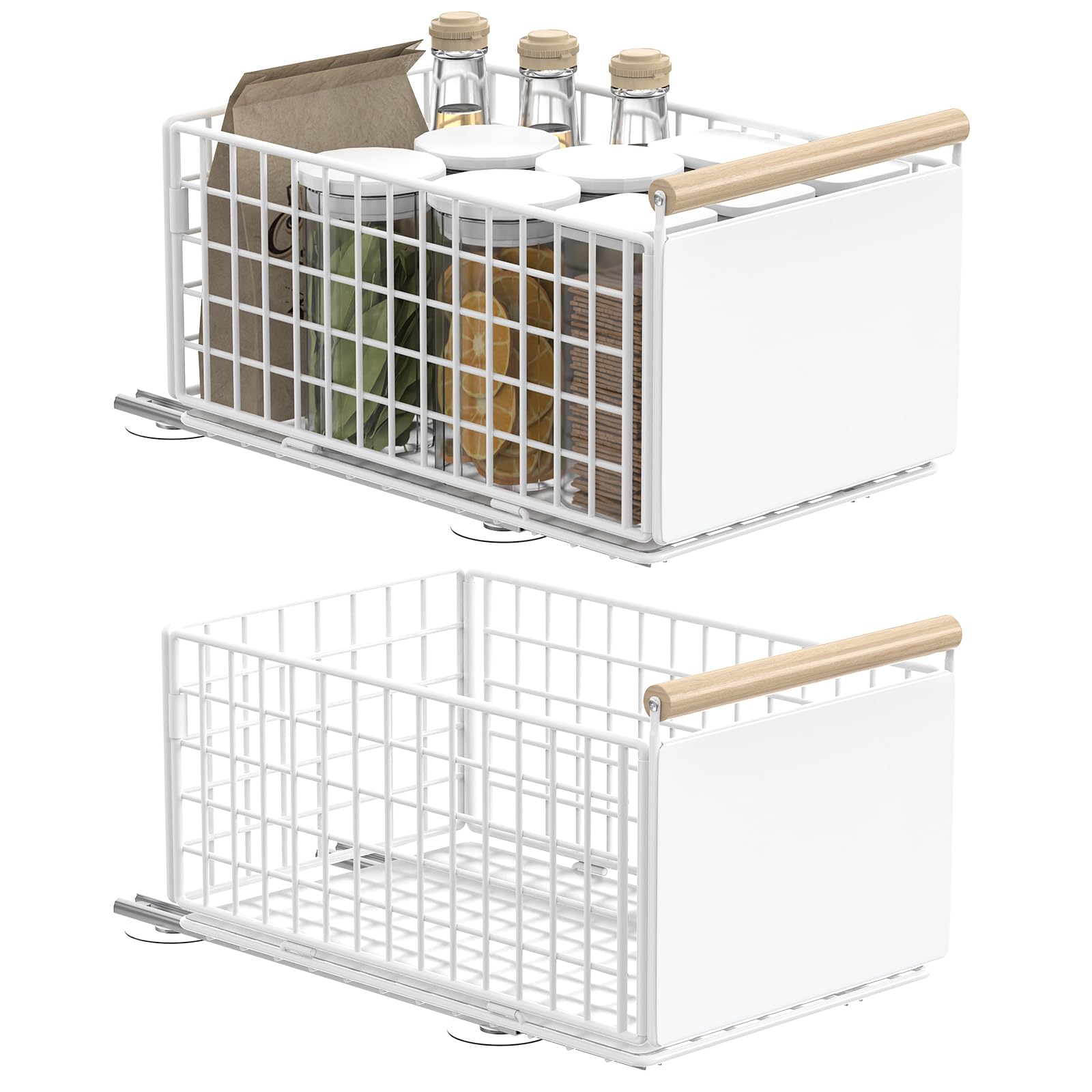 2 Pièce Tiroir Rangement Cuisine Placard, 39.5×23.5×19.5cm, Blanc | Panier Coulissant Adhesif,Organiseurs d'Armoires,Organisation de Placards, Facilité D'Installation,Schubladen Organizer