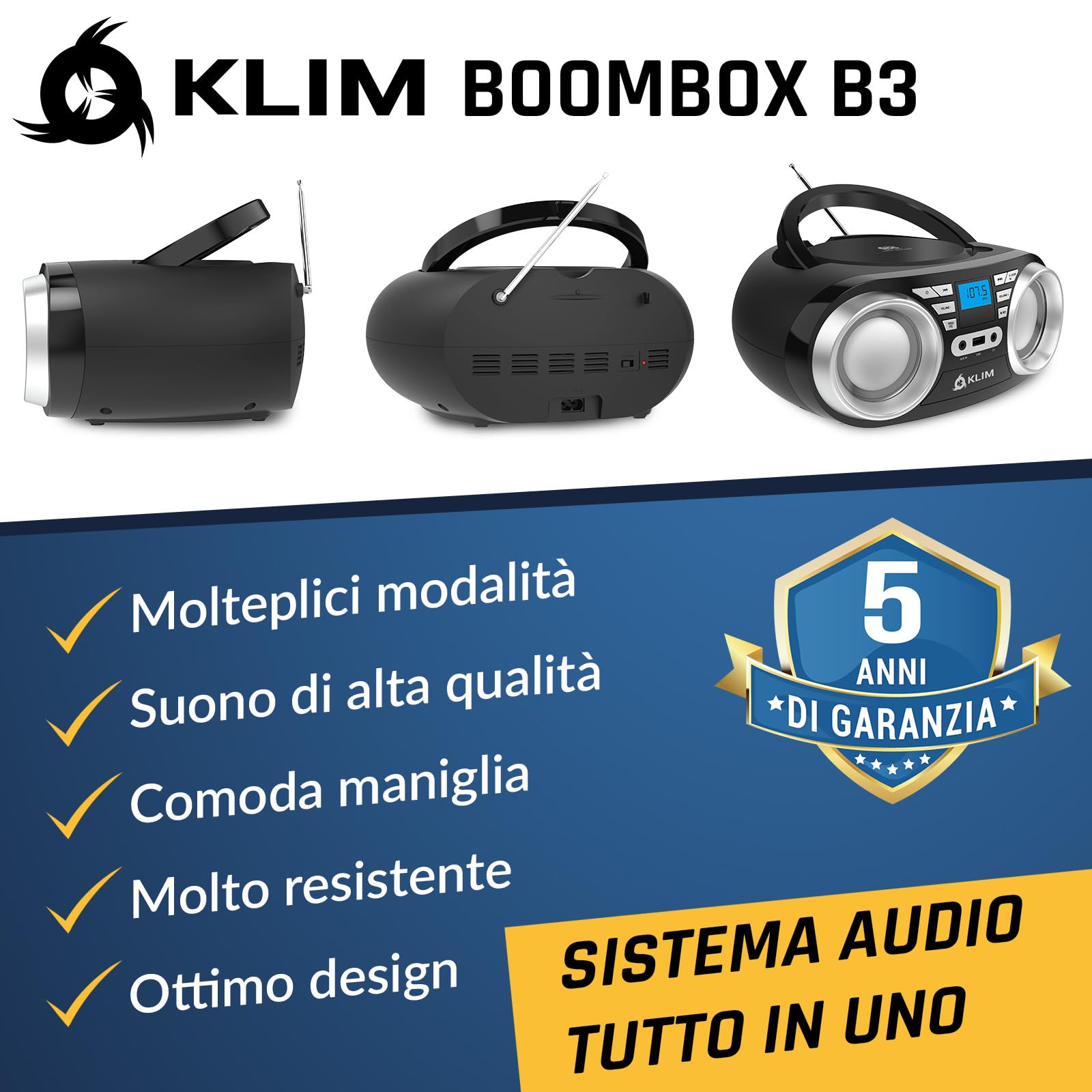 KLIM B3 Lettore CD Portatile Boombox Con Radio FM, Bluetooth, USB e AUX - Doppi Altoparlanti di Alta Qualità, Effetti Sonori EQ, 20 Stazioni Preimpostate, Compatto e Leggero