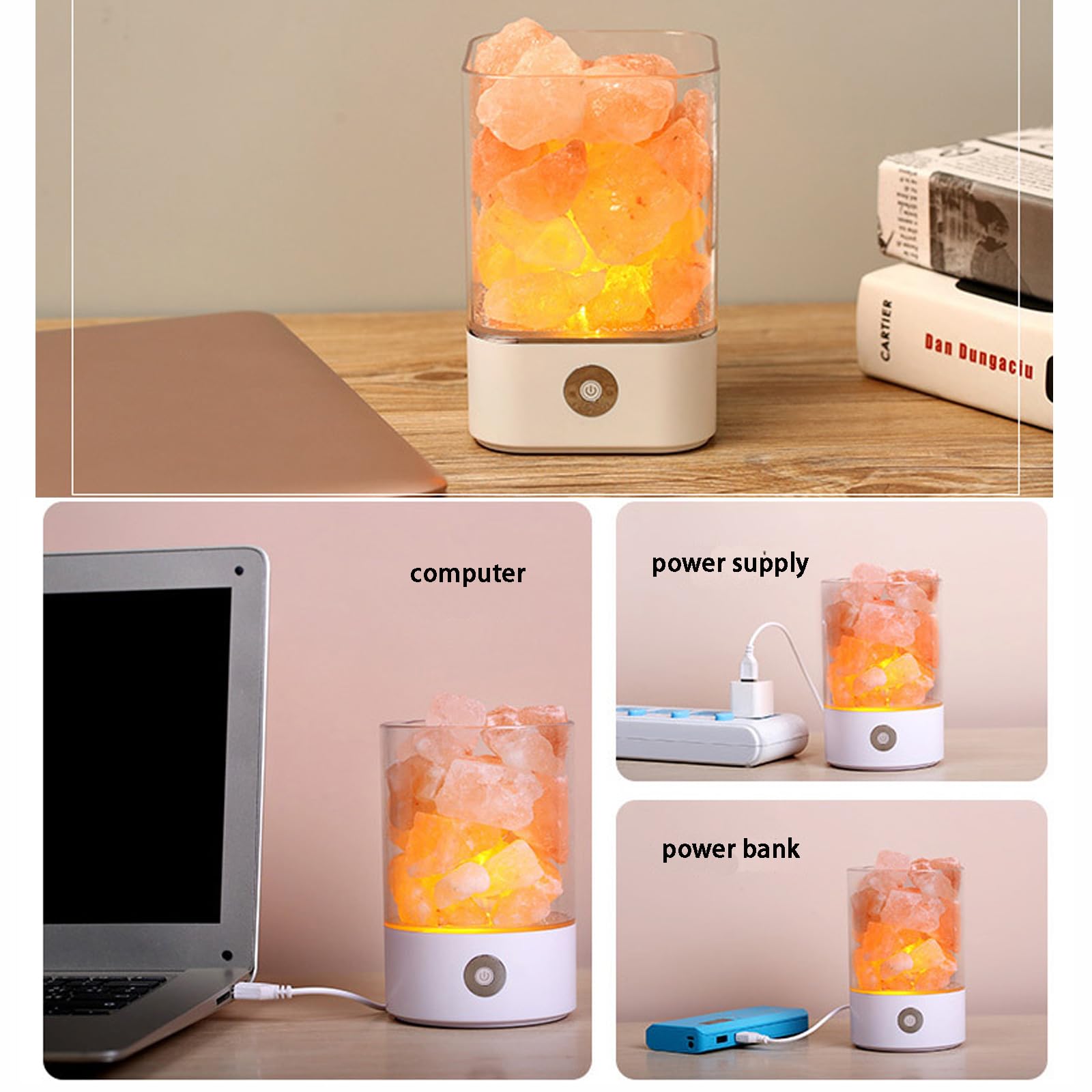 Himalajska kryształowa lampa solna USB lampka nocna lampa stołowa, kreatywne lampy solne, oświetlenie dekoracyjne do biura do jogi (kwadratowa, biała)