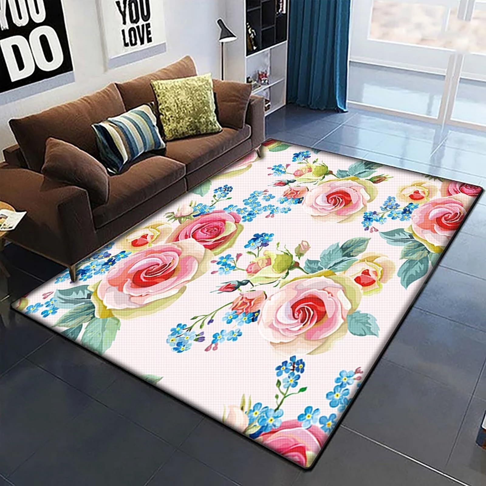 Tapis de salon fleur rose pour chambre de fille et cuisine, ambiance cosy en 120x160