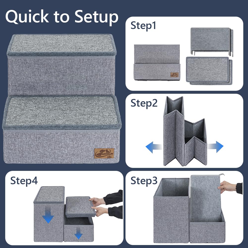 AKOZLIN Hundetreppe mit Stauraum, 2 Stufen, faltbar, grau, 34×49×42cm | 2 in 1 Haustiertreppe, Extra breite Haustierrampe, Für kleine bis große Hunde, Für Katzen geeignet