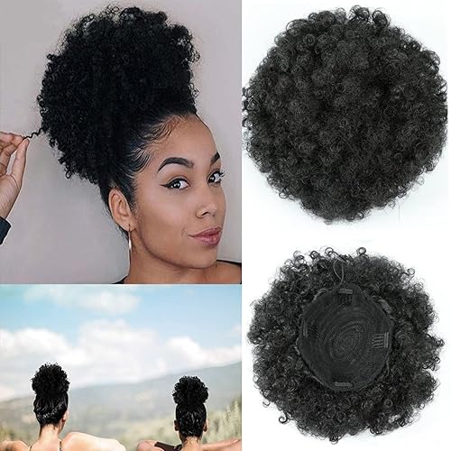 JHZHONG Cola de caballo afro con cordón para mujeres negras, pelo sintético corto rizado afro, moño negro de alta calidad para mujeres y niñas