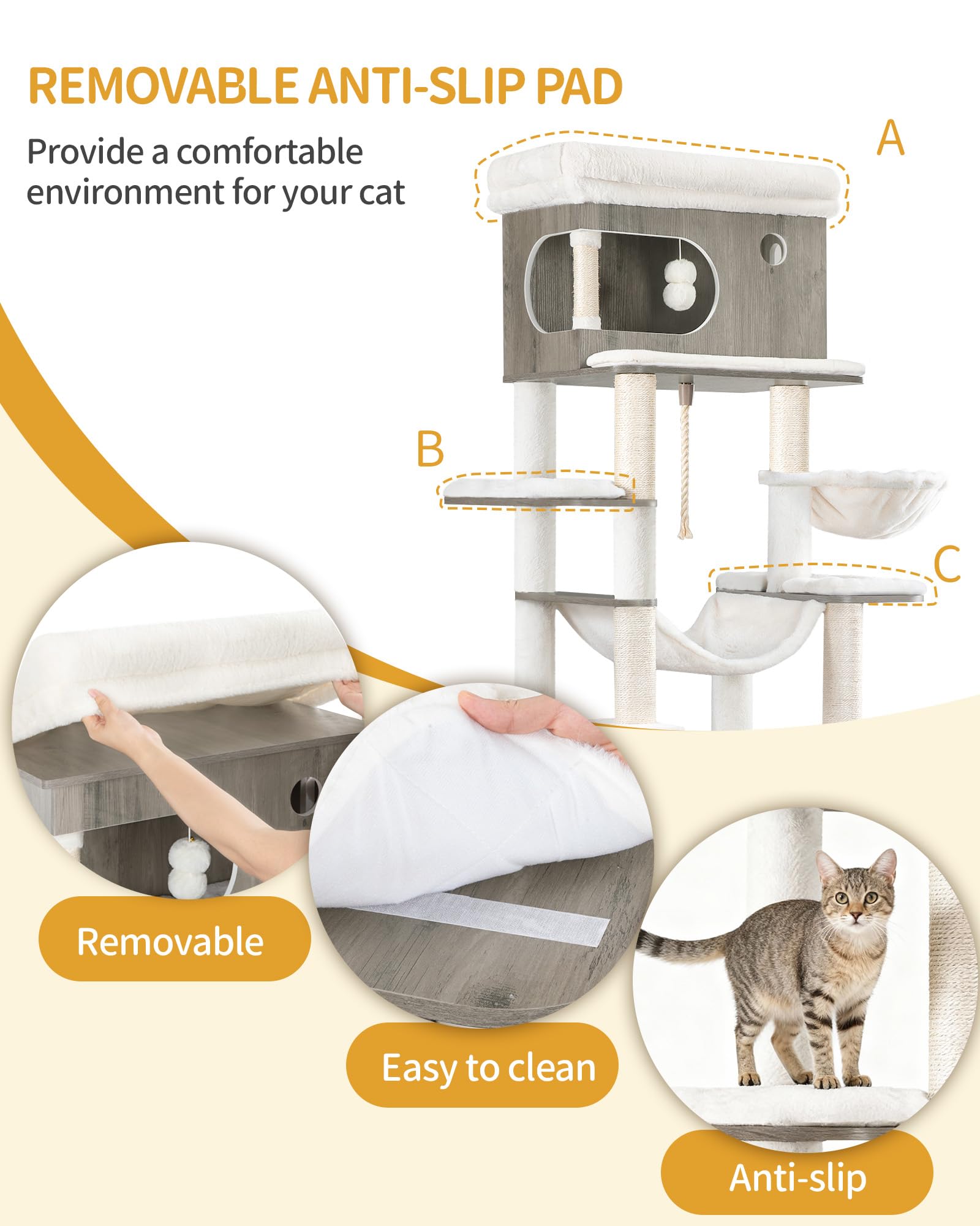 Hzuaneri 176 cm Árbol para Gatos, Casa para Gatos con Mueble para Bandeja Higiénica, Soporte para Comedero Elevado, Cuerda de Sisal, Hamaca y Cojín Lavable, Marfil Claro CB89105WT