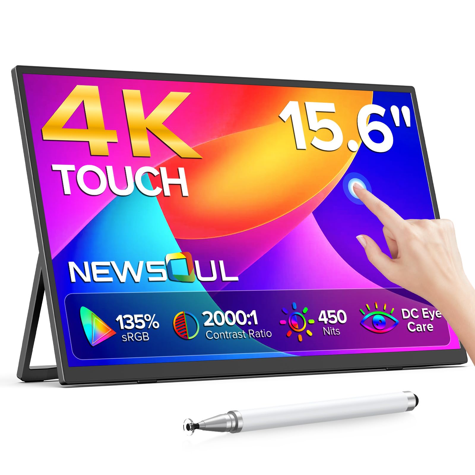 Newsoul Monitor Portátil 4K, 15,6" Pantalla Táctil con IPS USB‑C Mini‑HDMI | Táctil 10-puntos, 135% sRGB, 2000:1, Soporte 180°, Pantalla táctil para Portátiles/PCs/Móviles/Consolas, Compatible VESA