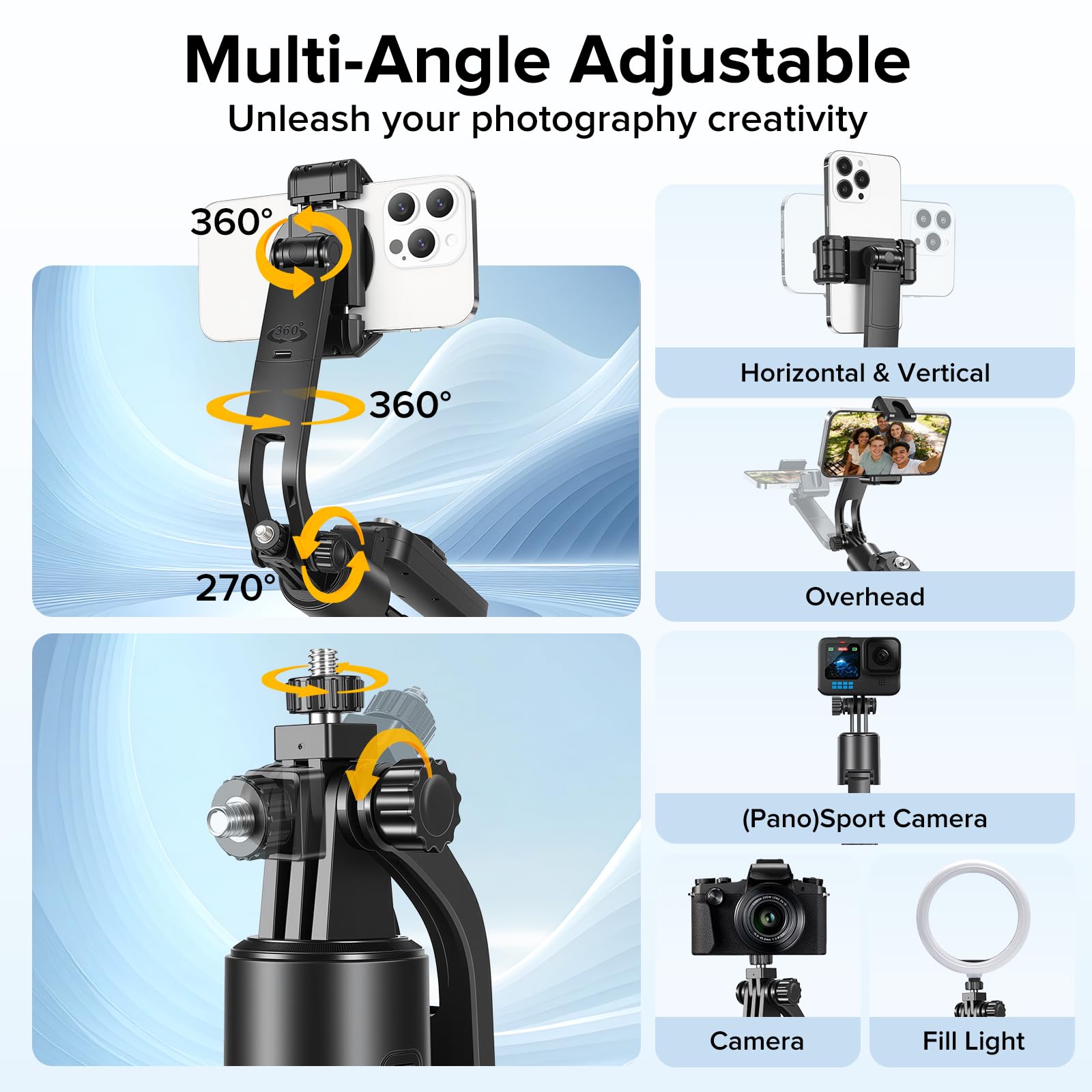 Treppiede per selfie da 72 pollici, per iPhone, Android, con apertura automatica, rotazione a 360° e telecomando con controllo gestuale per vlogging/tiktok/trucco