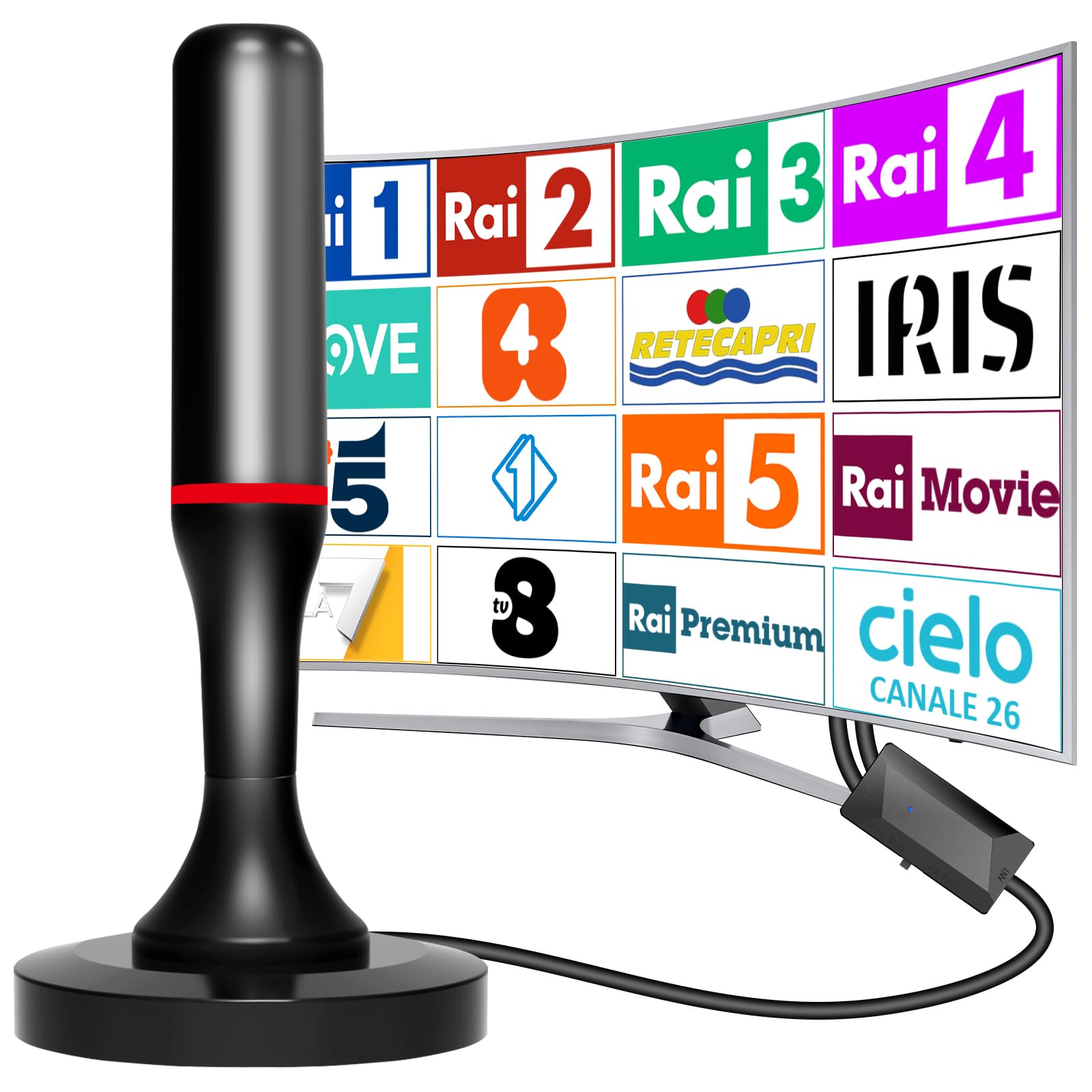 Antenna TV Interna Amplificata Potente,2025 Antenna Smart TV da interno con cavo da 3m, potente base magnetica, ricezione a 360° Supporta 4K/1080p/VHF/UHF DVB-T/T2 Canali Gratuiti