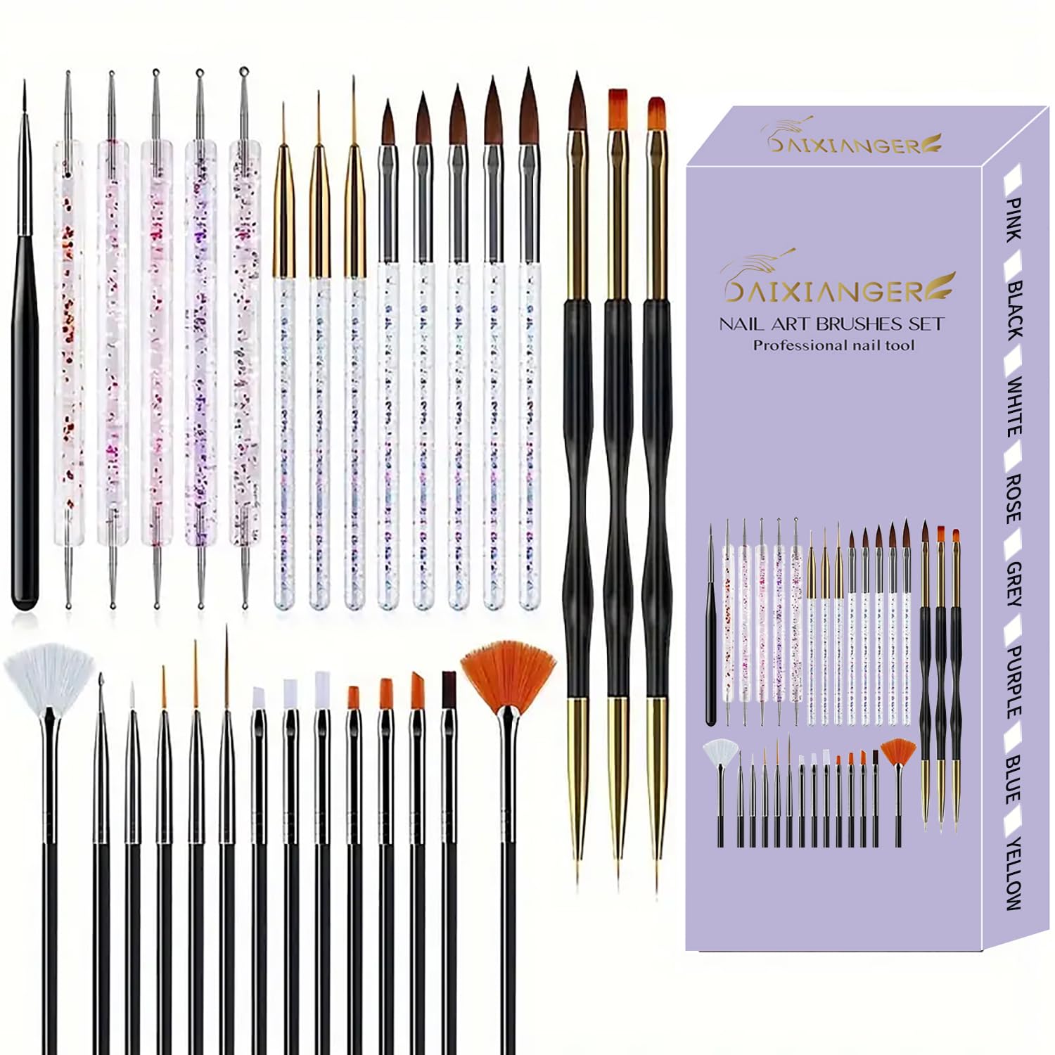 31 Pcs Nail Art Tool Set Nail Art Brushes Kit with Liner Dotting Fan Flat Nail Brush Drawing