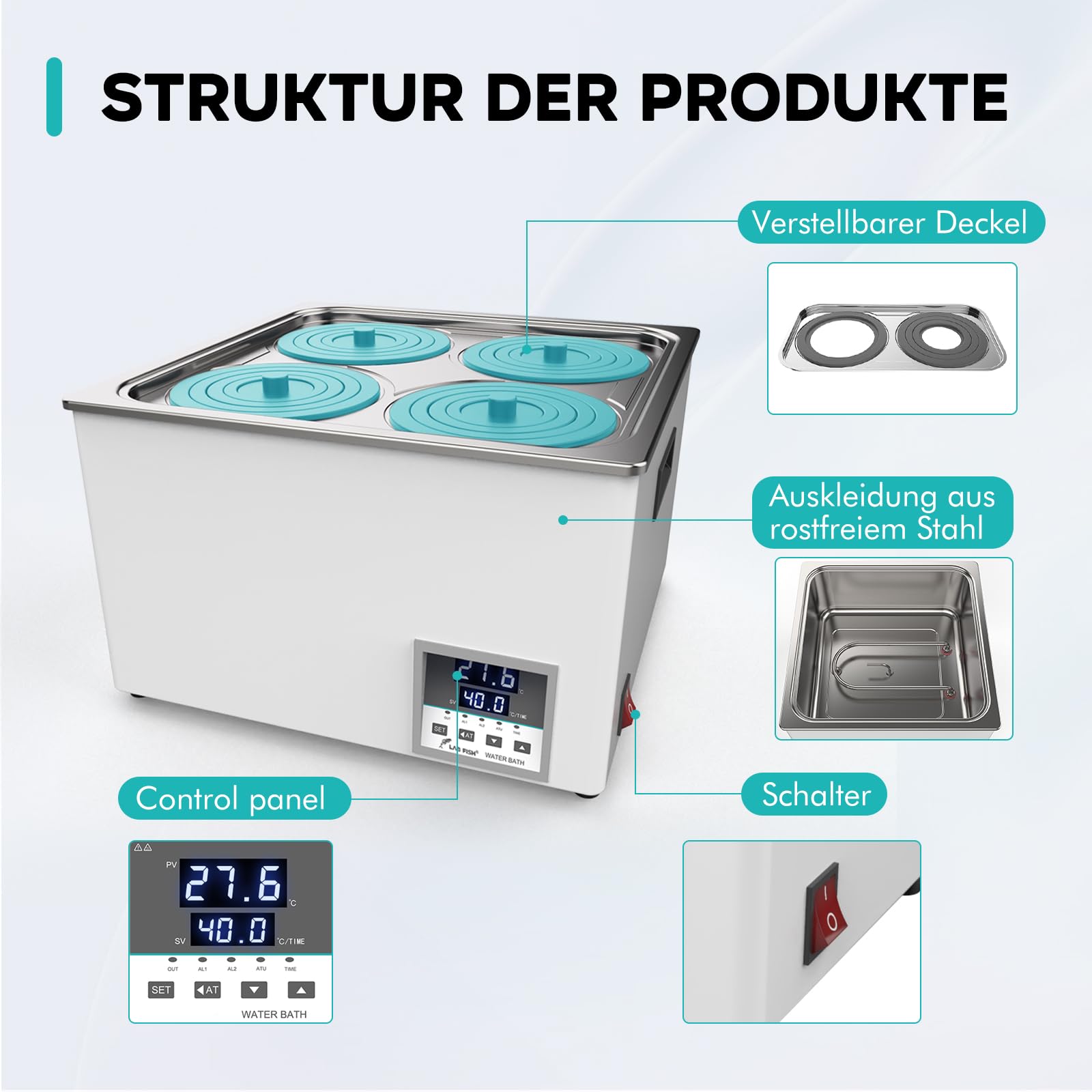 LABFISH Lab Digital Water Bath 6L Capacity Thermostatic Heater Labor Heizgeräte Edelstahl Liner mit wählbaren Öffnungen für Experiment 4 Öffnungen