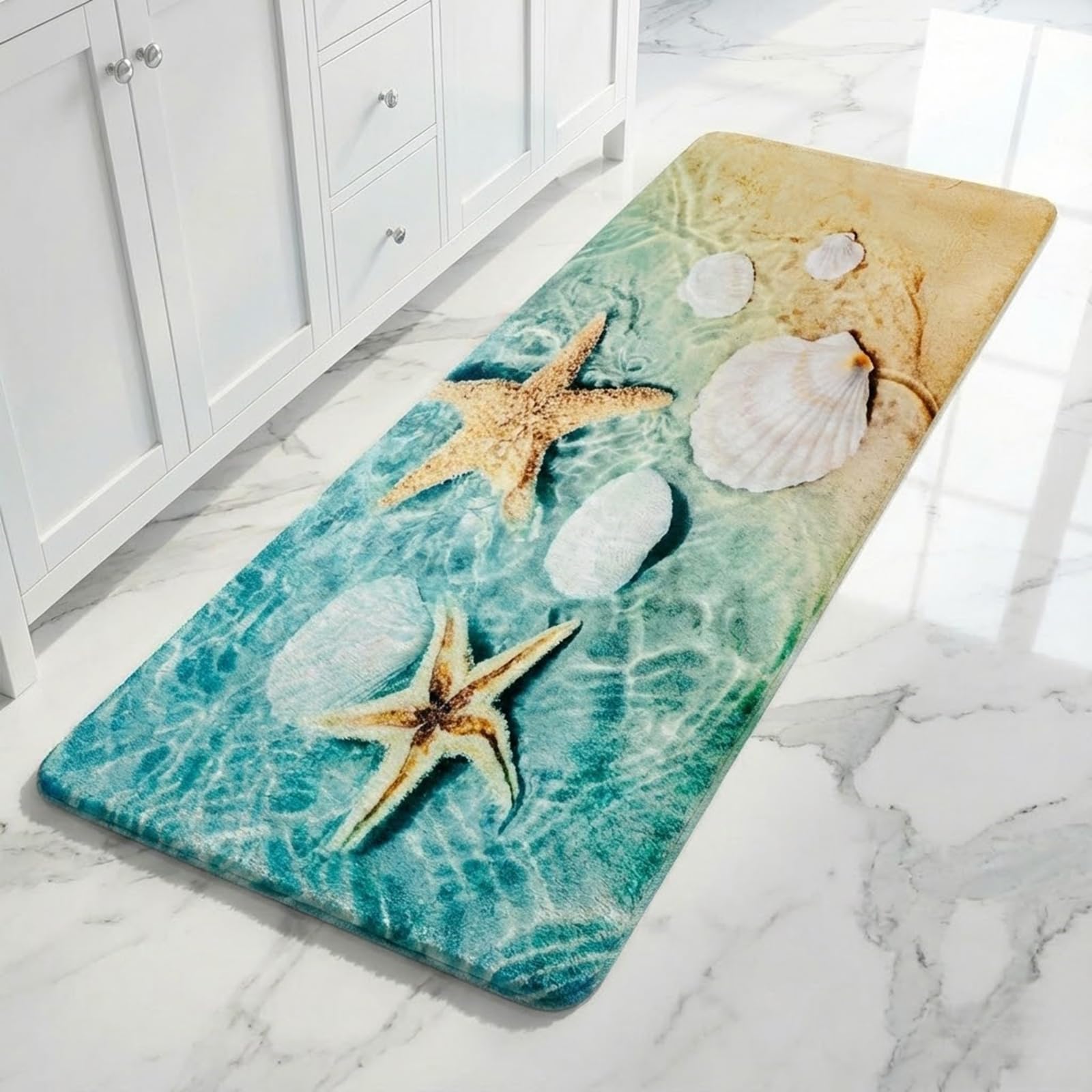 Creative House Life Ocean Bath Mat Runner 24x71-3D Sea Star & Sand Print Memory Foam Rug - Extra Long Absorbent Non Slip Floor Mat for Bathroom Double