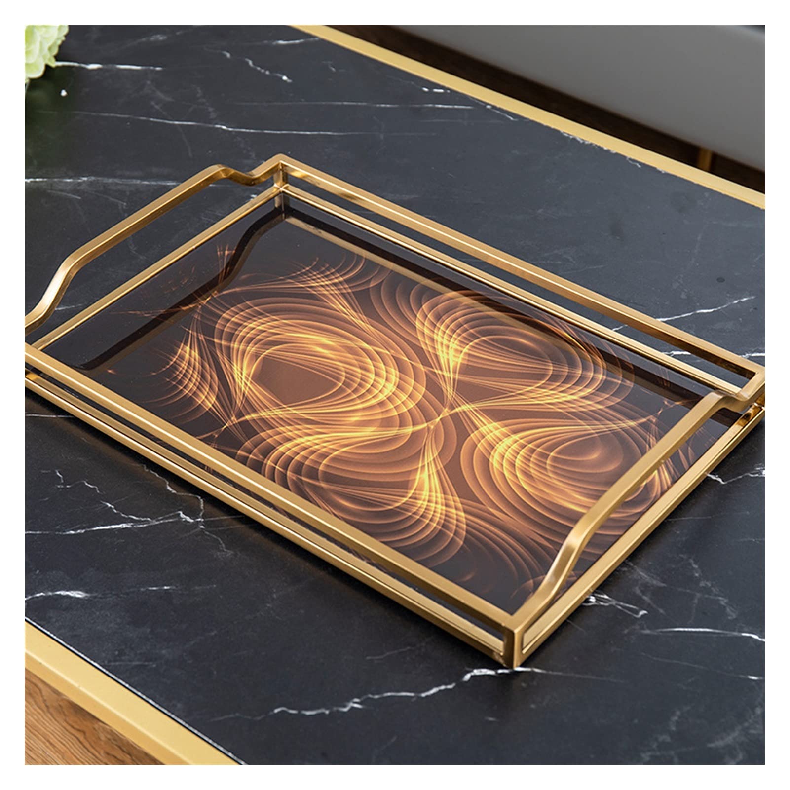 Bandeja Creativa Metal Vidrio geométrico Curva patrón de Oro Rectangular Objetos pequeños cosméticos joyería Almacenamiento Bandeja (Color : Tray)
