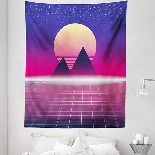Lunarable Disco Tapestry Twin Size, Synthwave Theme of Pyramids Landscape, Wall Hanging Bedspread Bed Cover Wall Decor, 68" X 88", Multicolor