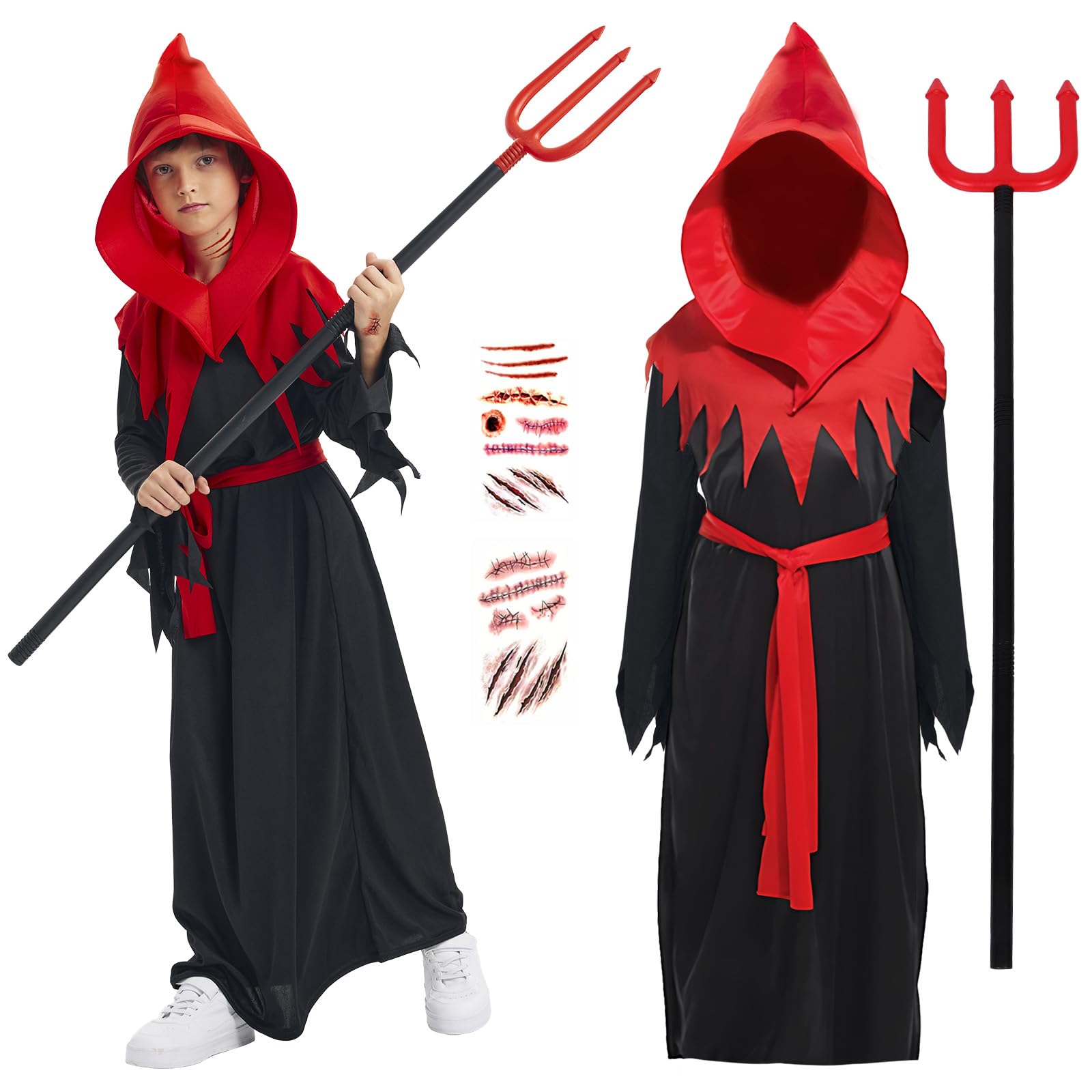 ZZXIAOJIE 3Pcs Devil Costume Kids Evil Demon Hooded Robe Halloween Outfit