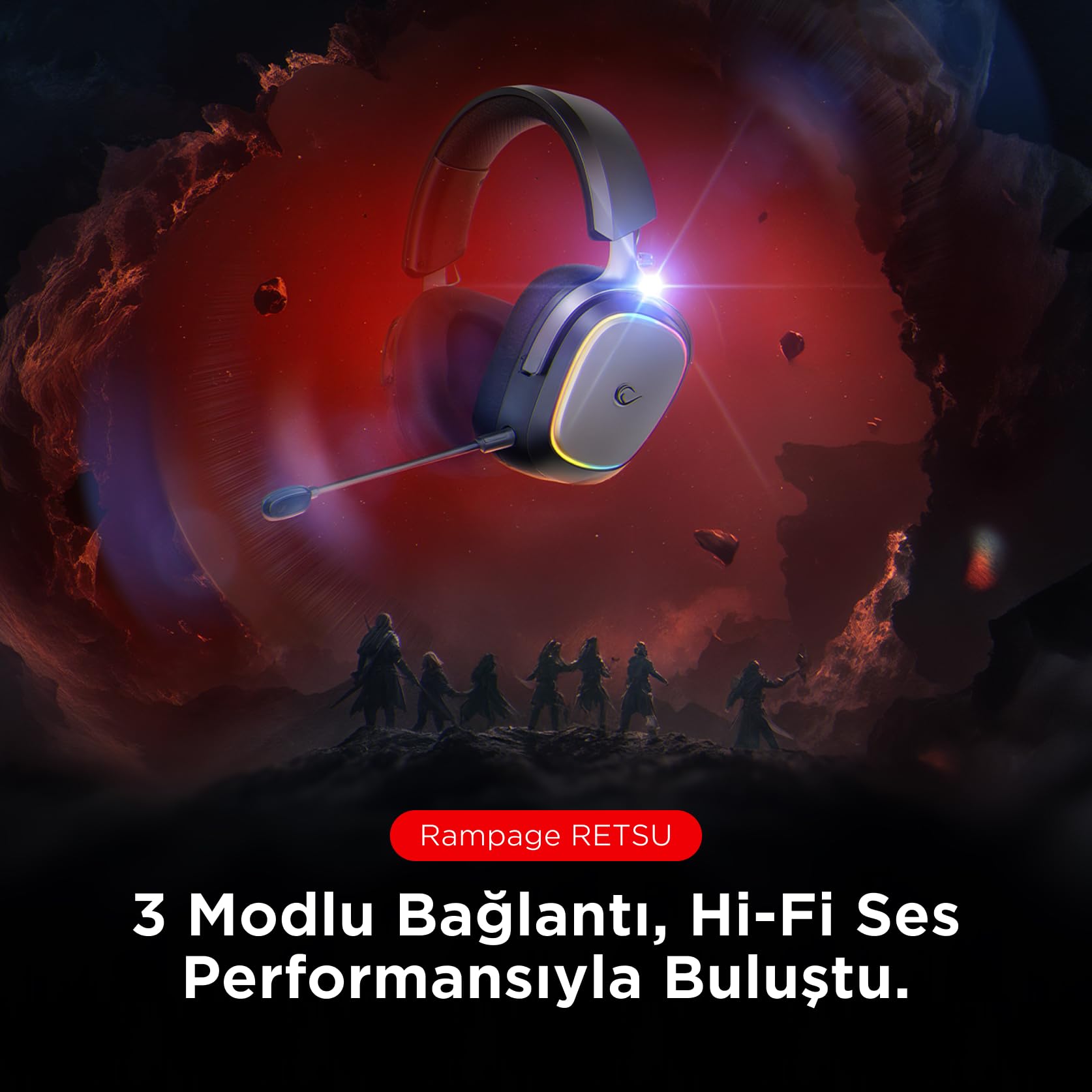 Rampage RETSU bezprzewodowy zestaw słuchawkowy gamingowy 2,4 G + Bluetooth 5.3 50 mm sterownik RGB, oświetlenie RGB, zestaw słuchawkowy gamingowy z mikrofonem, skóra białkowa i materiał, nausznik do