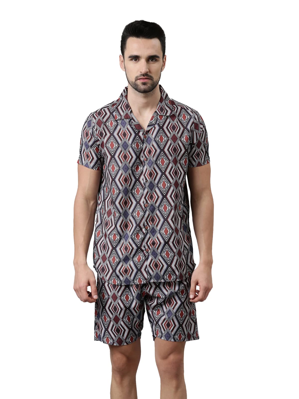 bushirt Men's Black Rayon All-Over Printed Pajama Set, Short Sleeves Button Front Night Suit, Relaxed Fit Co-Ords with Chinese Collar & Elastic Waist Pajamas, Stylish & Comfortable Sleepwear - M-picture-10