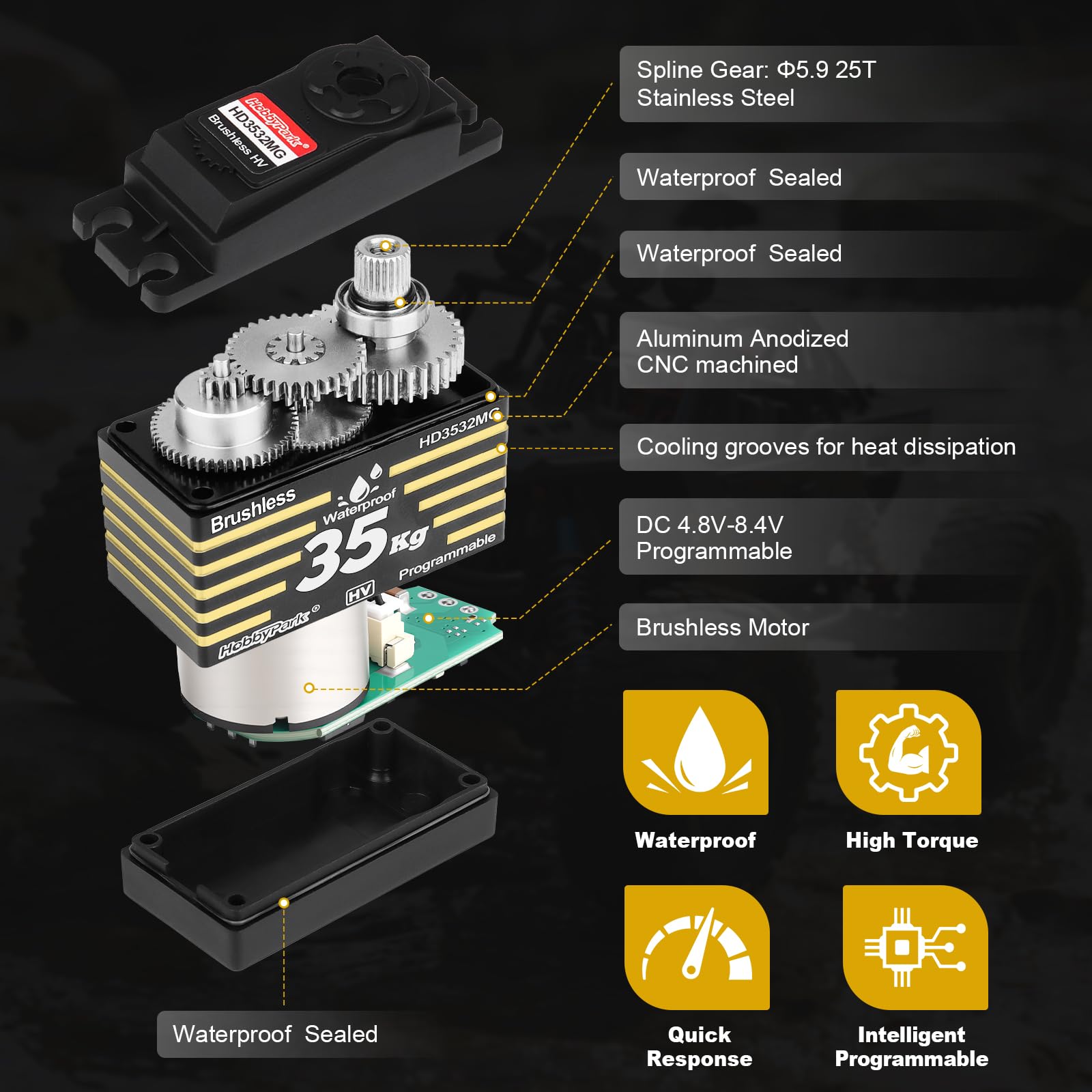 HobbyPark Impermeabile 35KG Alta Coppia Servo Brushless Motor Metal Gears Digital Servo Arduino Servo Programmabile per 1/8 1/10 1/12 RC Crawlers RC Camion RC Auto Buggy Robot FAI DA TE Angolo di