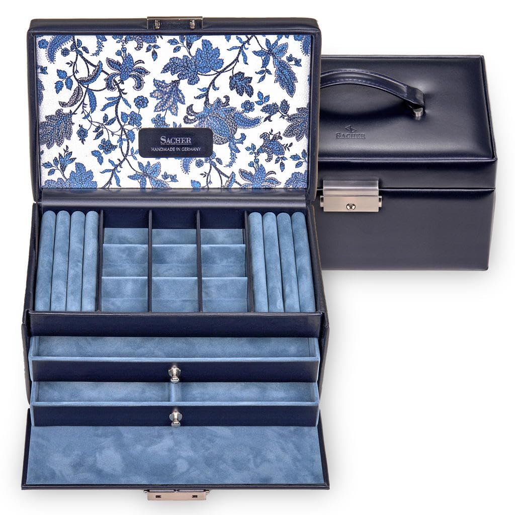 SACHER Coffret à Bijoux Elly/florage/Bleu, Cuir/Handmade in Germany