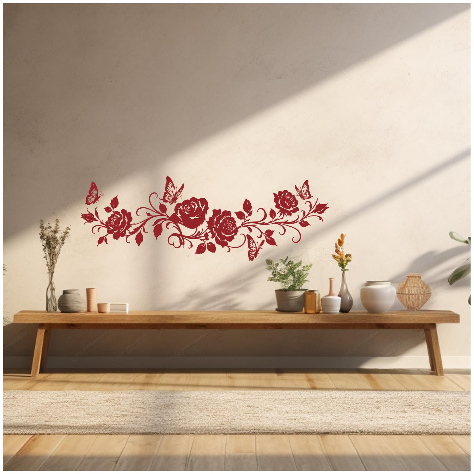 Samunshi® Wandtattoo Rosen Blumenranke länglich mit Schmetterlingen Elegante Blumen Wanddekoration Florales Wandmotiv für Wohnzimmer, Schlafzimmer, Flur und Küche braun 150 x 51cm