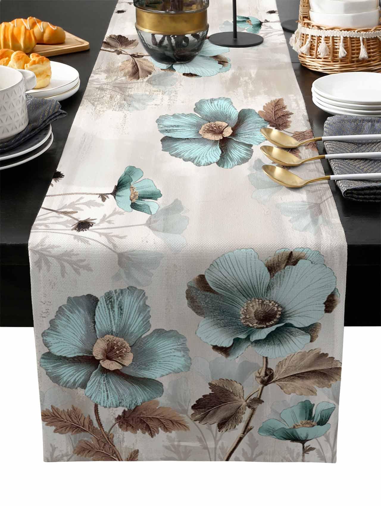 Tulip Flower Table Runner 108 Inches Long for Dining Table Decor,Teal Brown Vintage Floral Plant Botanical Burlap Linen Farmhouse Table Runner Coffee