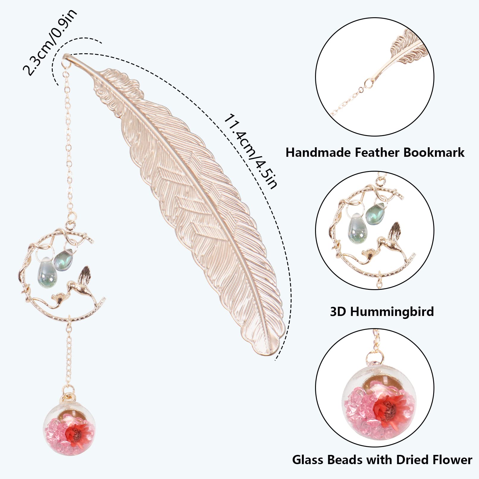 Metal Feather Bookmark with 3D Hummingbirdand and Glass Beads Pendant, Handmade Vintage Bookmark with Gift Box - Image 2