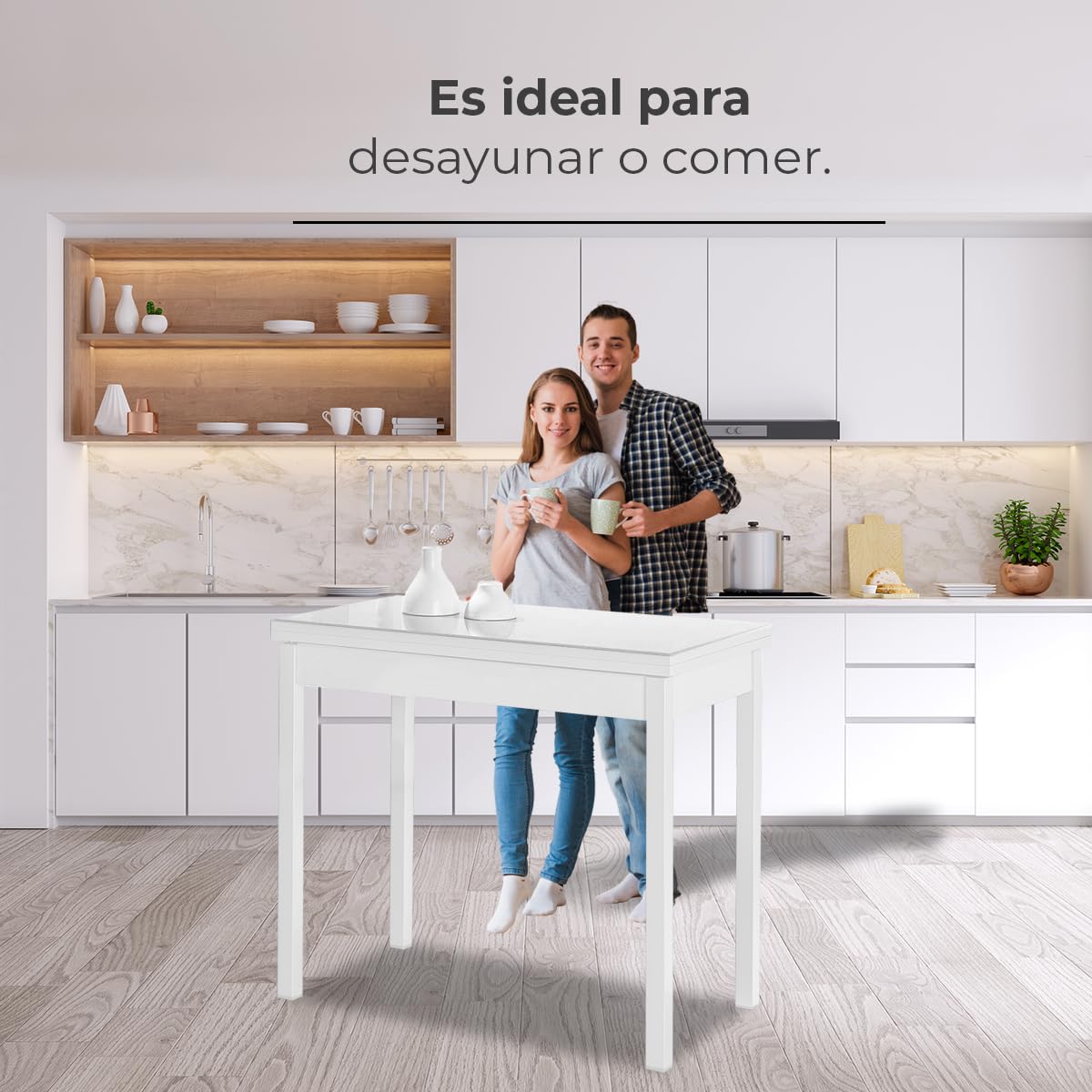 Mesa de Cocina Extensible de Libro sin cajón - 80x40 cm (80x80 cm) - Estructura y Tapa Interior Color Blanca - Tapa Superior Cristal Color Rojo