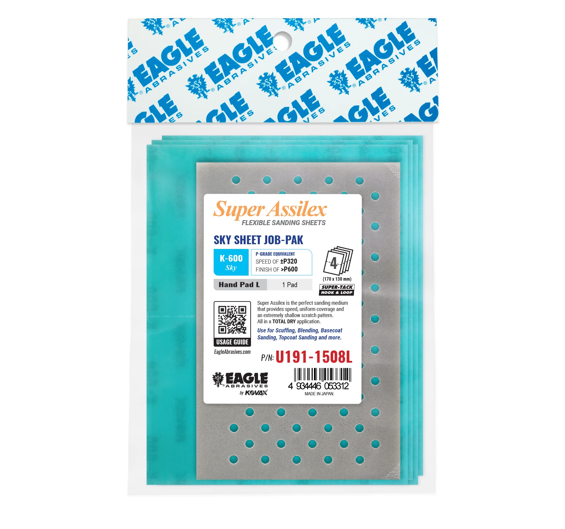 Super Assilex Flexible Sanding Sheets Job-PAK, Sky K-600, U191-1508L, 4 Sheets + 1 L Hand Pad for Full Sheets