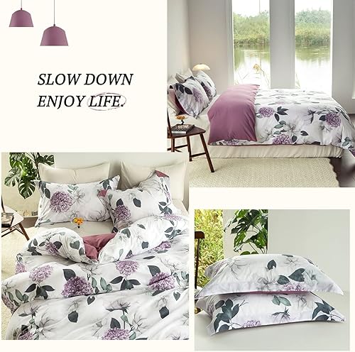 Miniatura 8 de MILDLY Juego de funda de edredón 100% algodón lavado, juego de funda de edredón floral de hortensias moradas, juego de ropa de cama con cierre de